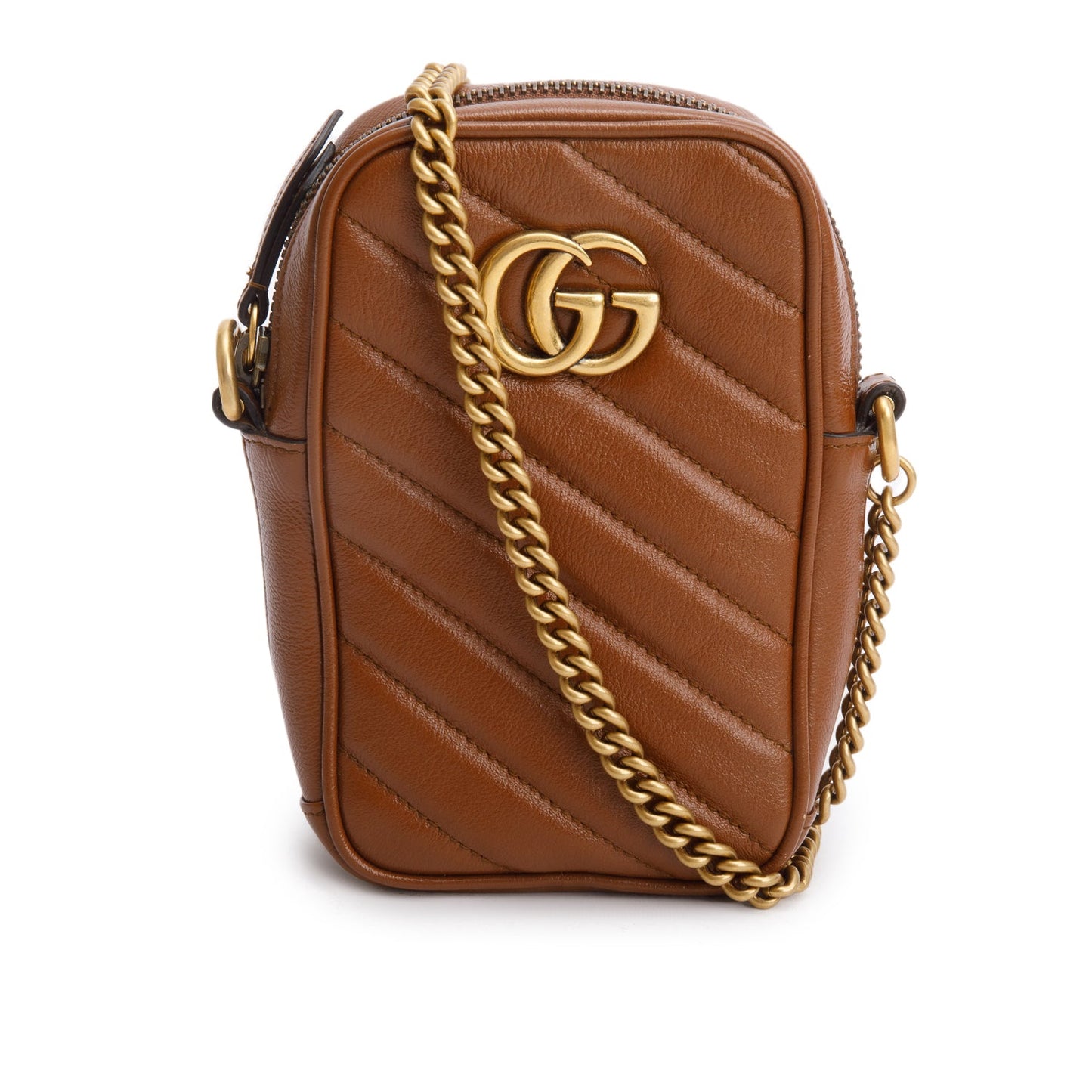 Gucci Brown Calfskin Matelasse Mini GG Marmont Chain Shoulder Bag