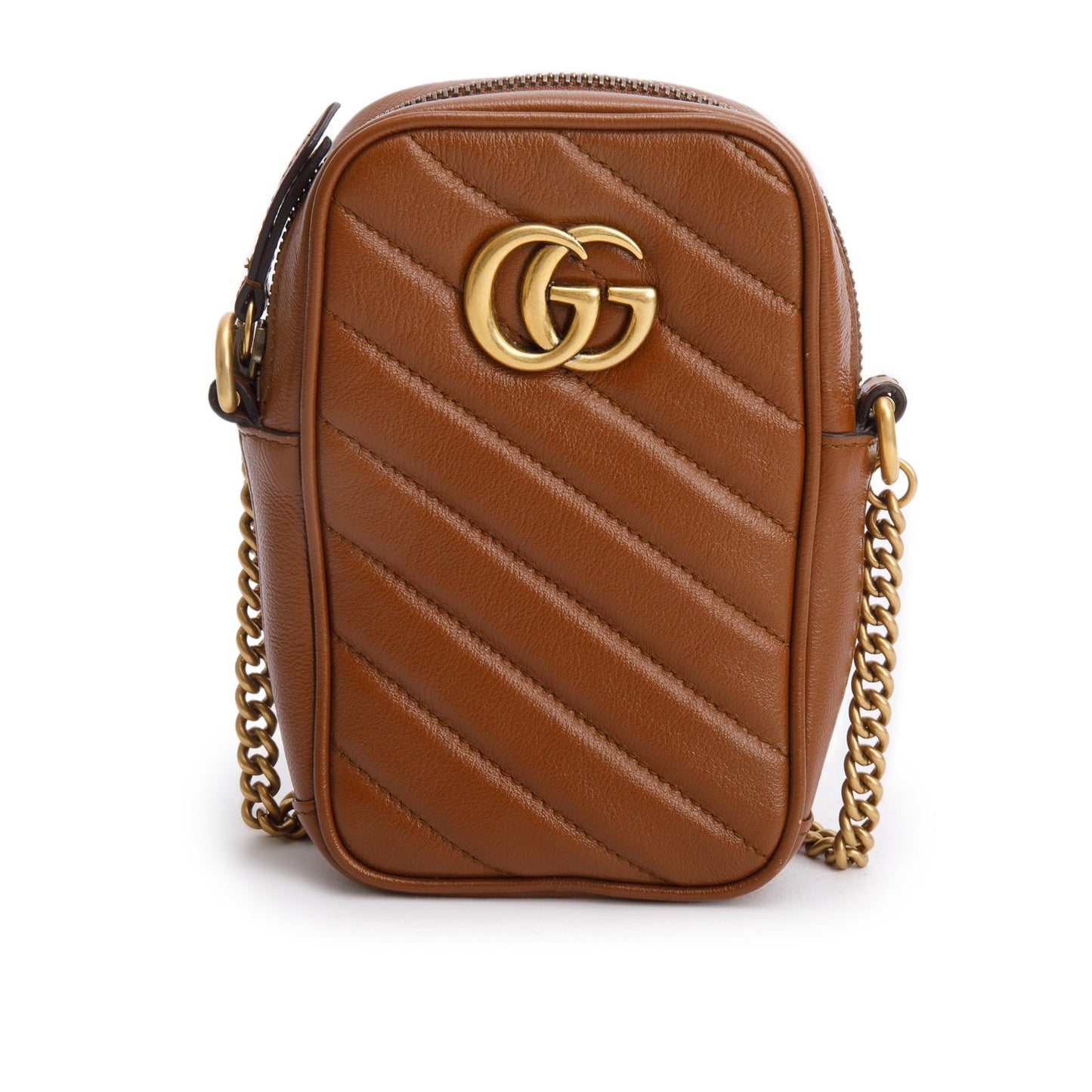 Gucci Brown Calfskin Matelasse Mini GG Marmont Chain Shoulder Bag