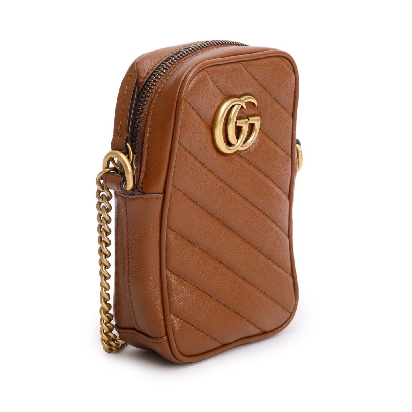Gucci Brown Calfskin Matelasse Mini GG Marmont Chain Shoulder Bag