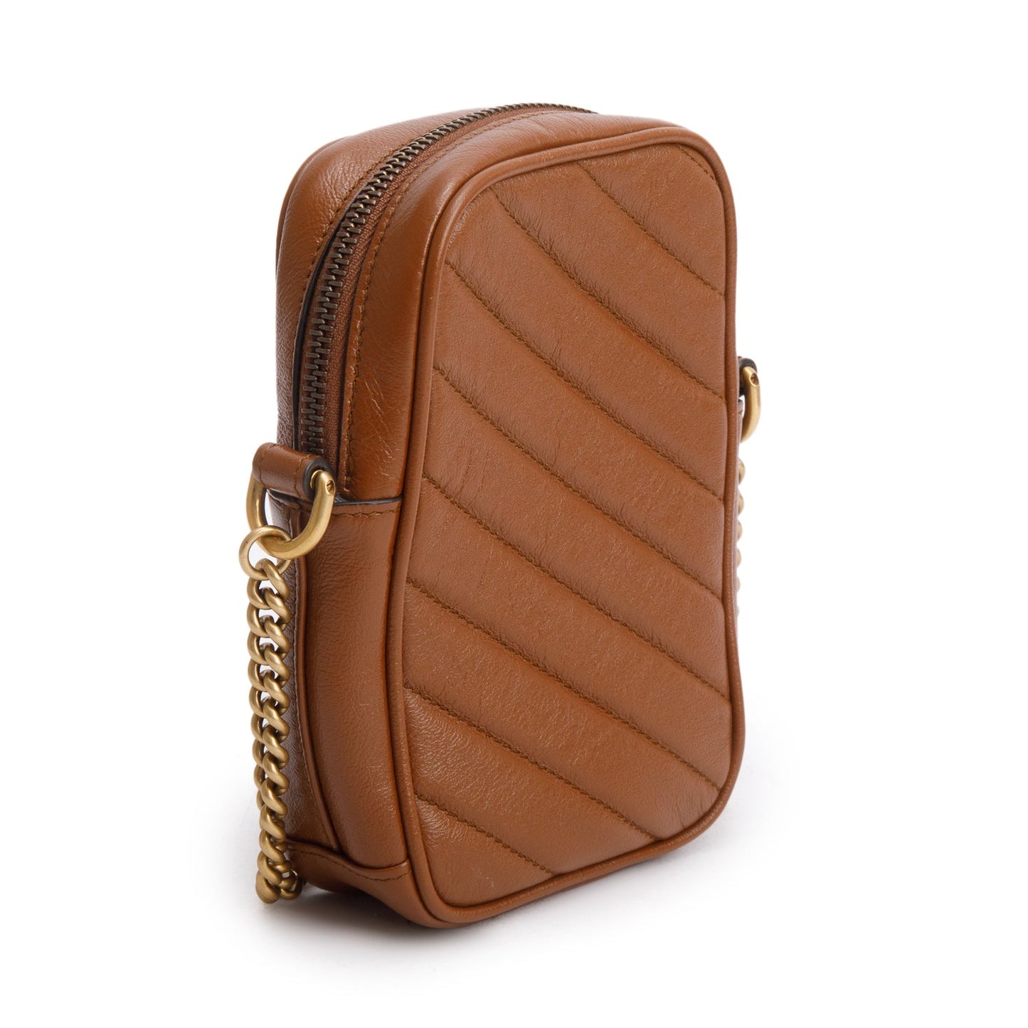 Gucci Brown Calfskin Matelasse Mini GG Marmont Chain Shoulder Bag