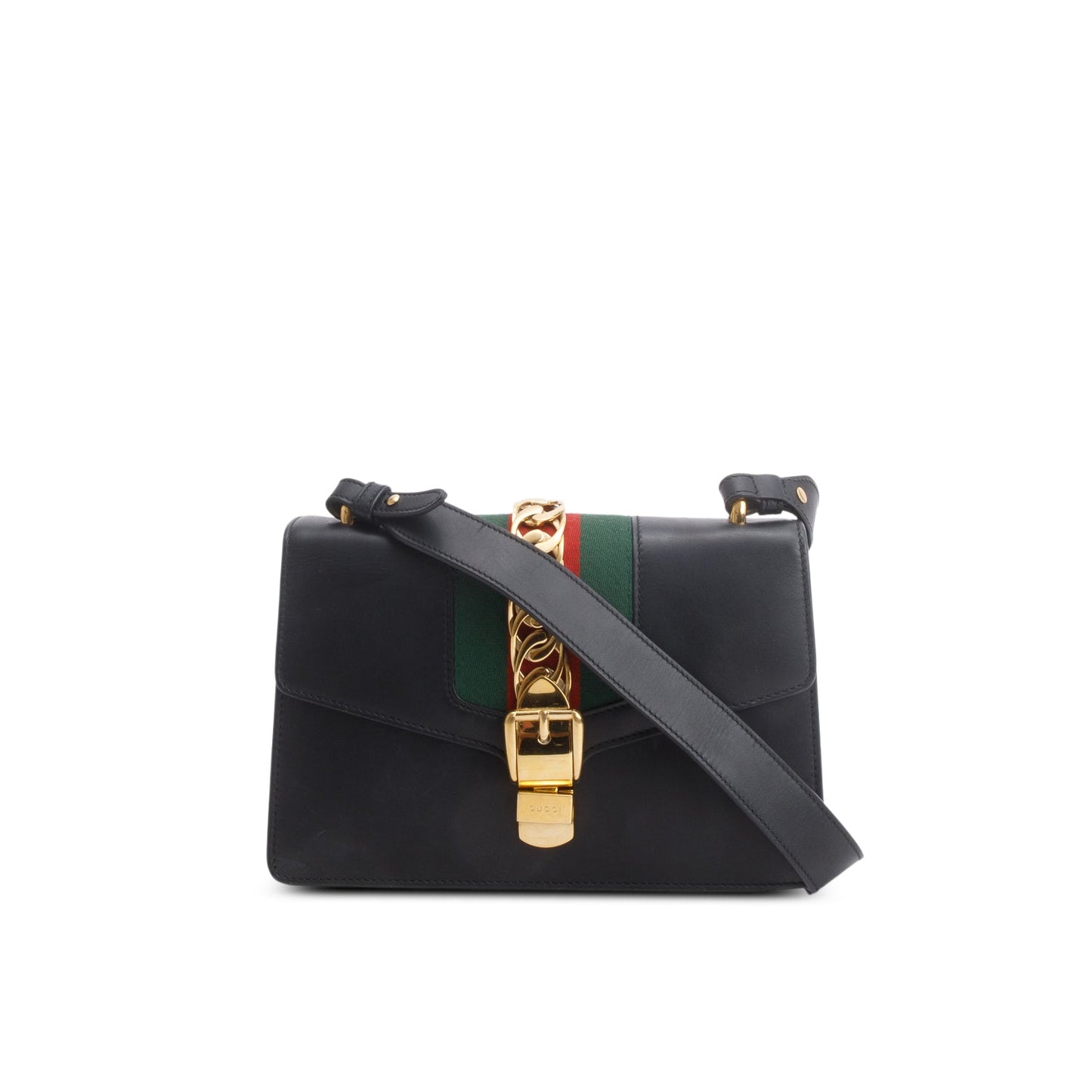 Gucci Black Calfskin Leather Web Small Sylvie Shoulder Bag