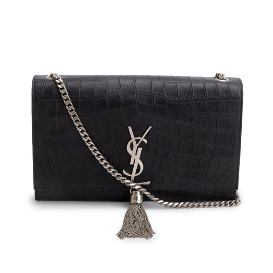 Saint Laurent Black Crocodile-Embossed Leather Medium Classic Monogram Kate Tassel Chain Bag