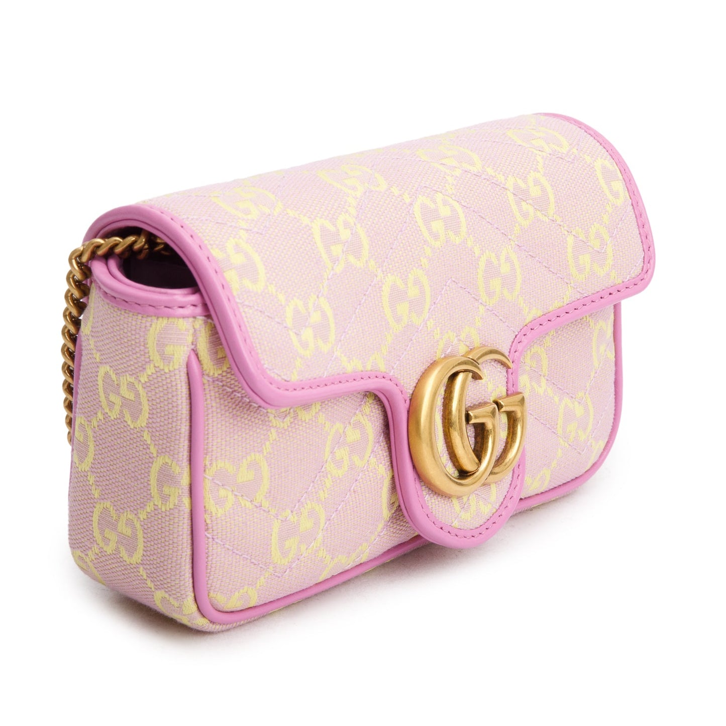 Gucci Pink/Yellow Monogram Matelasse Super Mini GG Marmont Chain Shoulder Bag