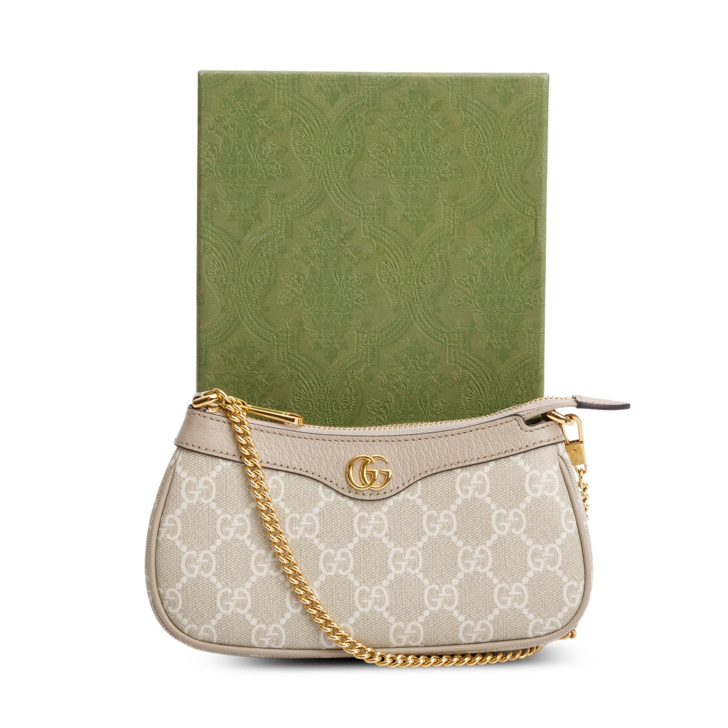 Gucci Beige GG Supreme Monogram Textured Dollar Calfskin Mini Ophidia Chain Bag