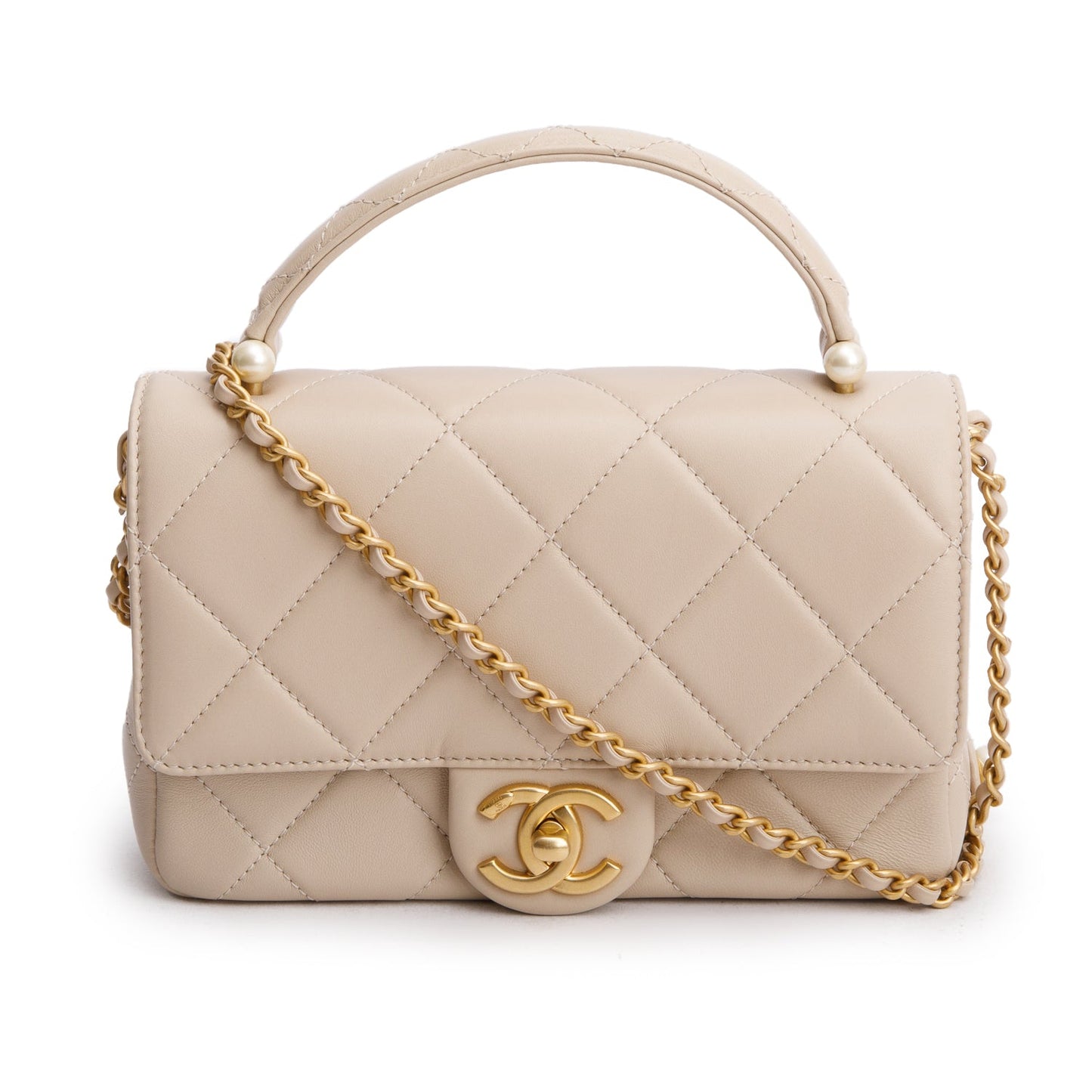 Chanel 2025 Beige Quilted Lambskin Top Handle Flap Pearl Purse