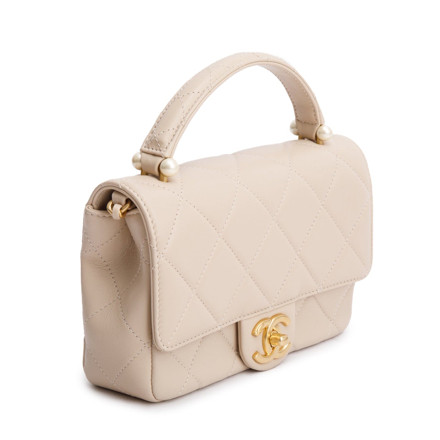Chanel 2025 Beige Quilted Lambskin Top Handle Flap Pearl Purse