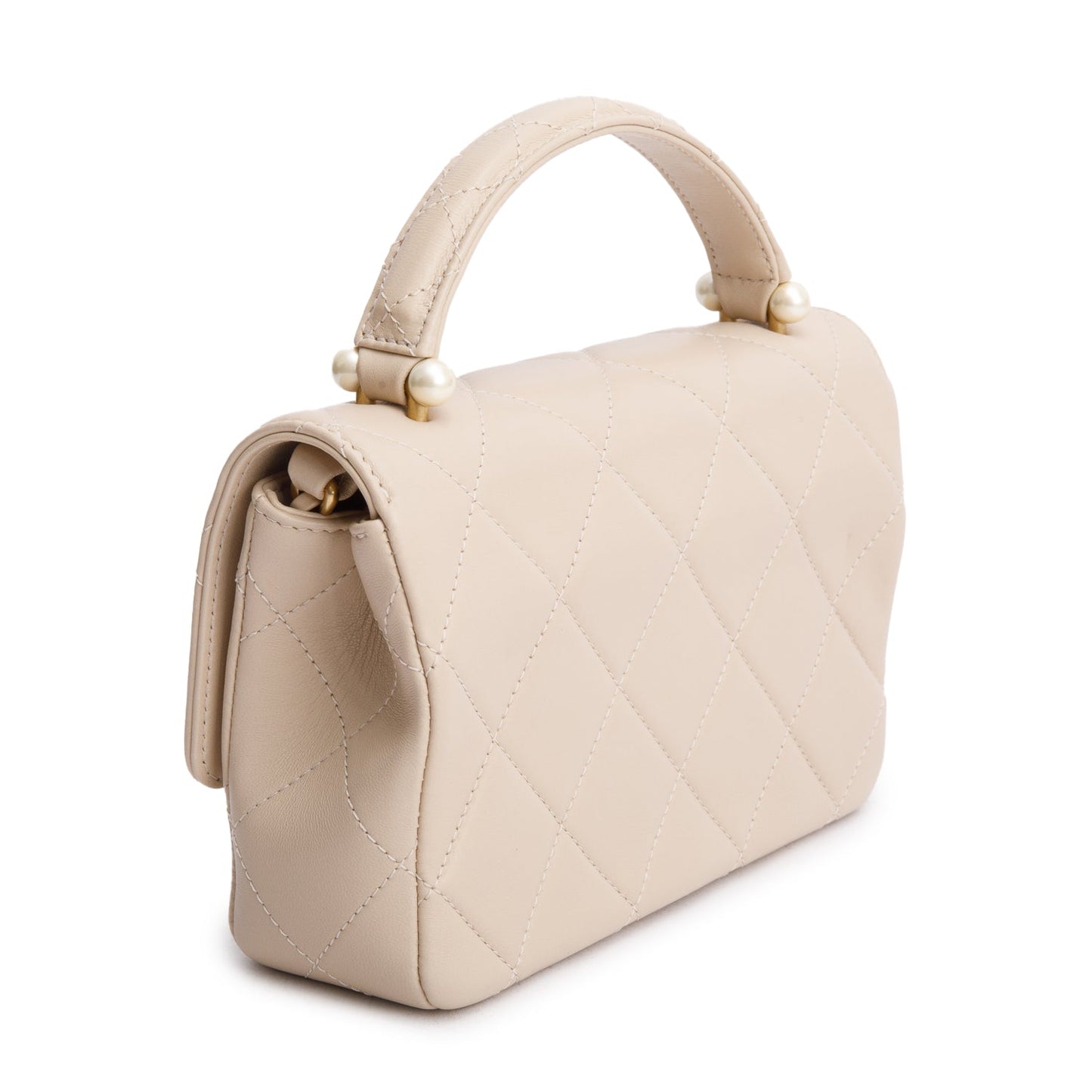 Chanel 2025 Beige Quilted Lambskin Top Handle Flap Pearl Purse