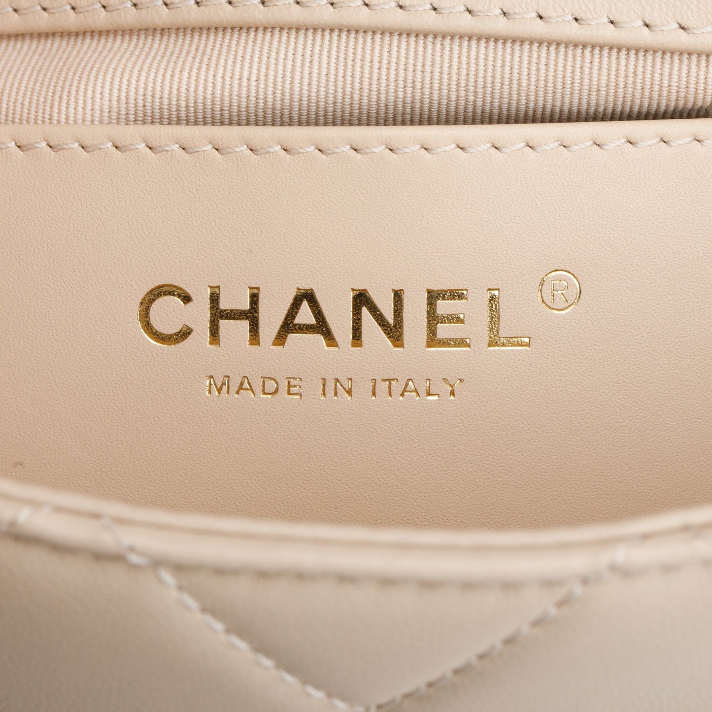 Chanel 2025 Beige Quilted Lambskin Top Handle Flap Pearl Purse