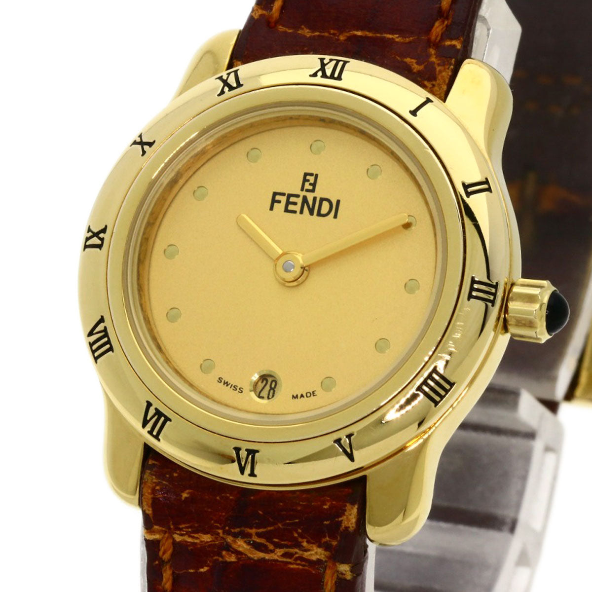 FENDI Watches Quartz 860L Gold Plated, Leather gold Round face gold dial Women