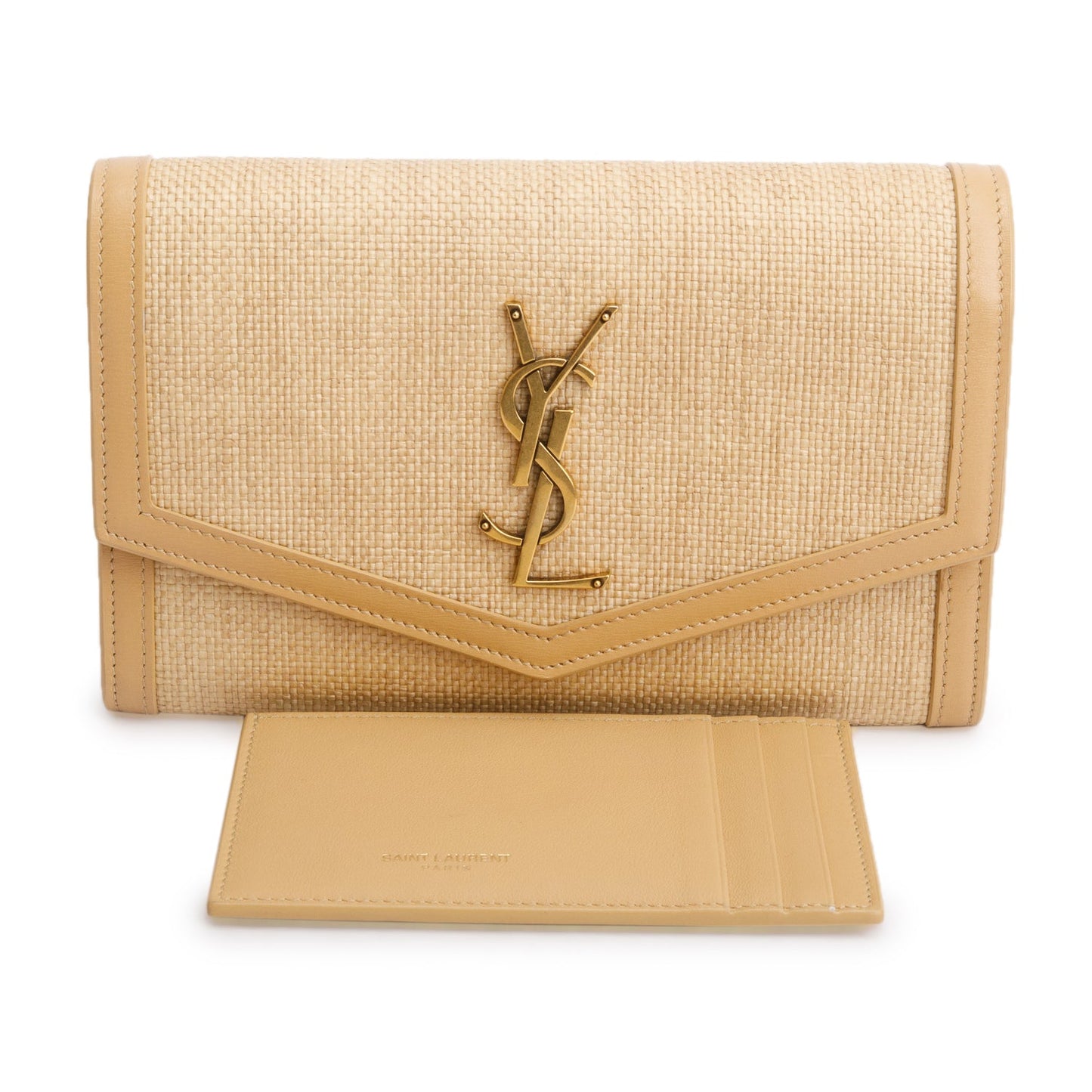Saint Laurent 2021 Beige Raffia Uptown Chain Wallet