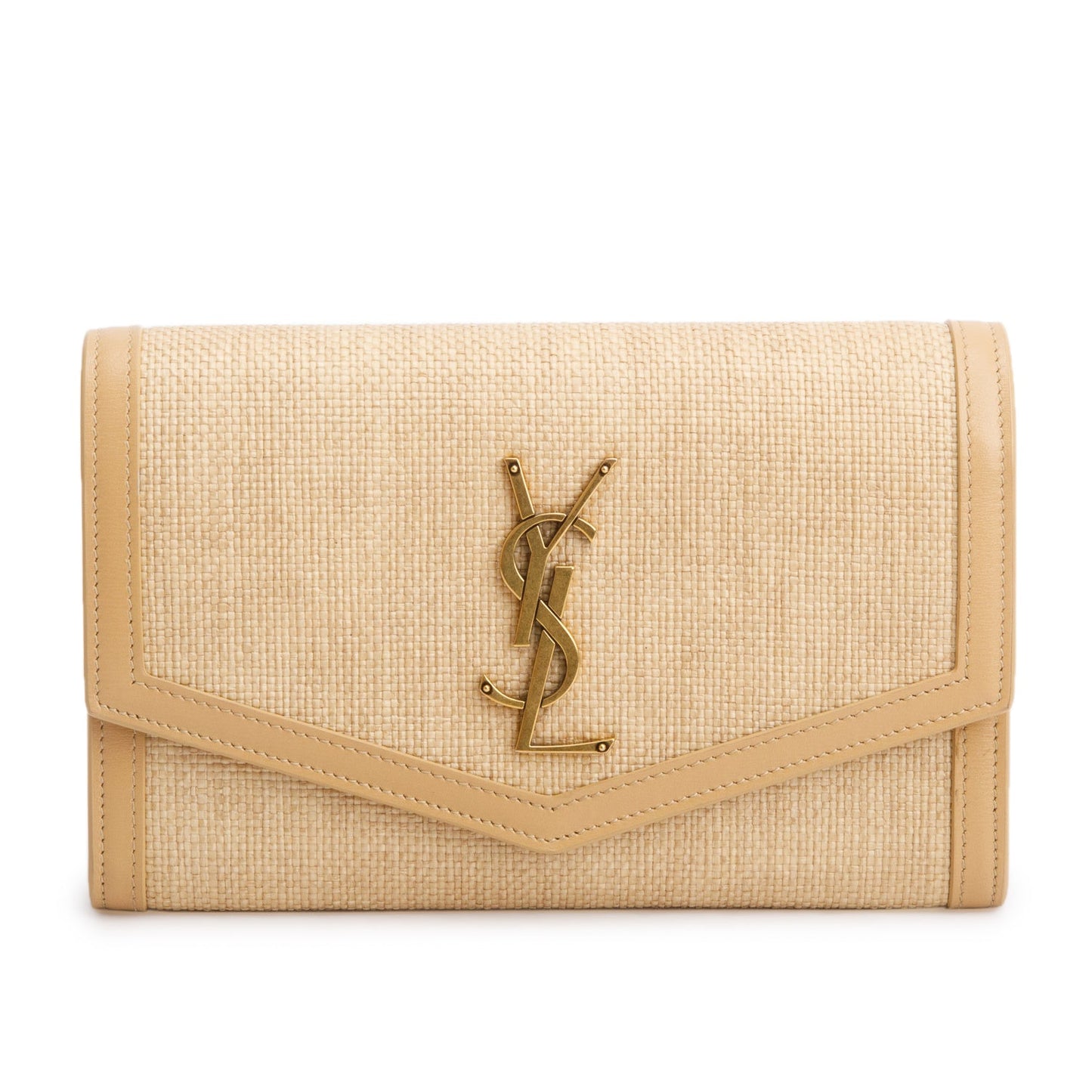 Saint Laurent 2021 Beige Raffia Uptown Chain Wallet