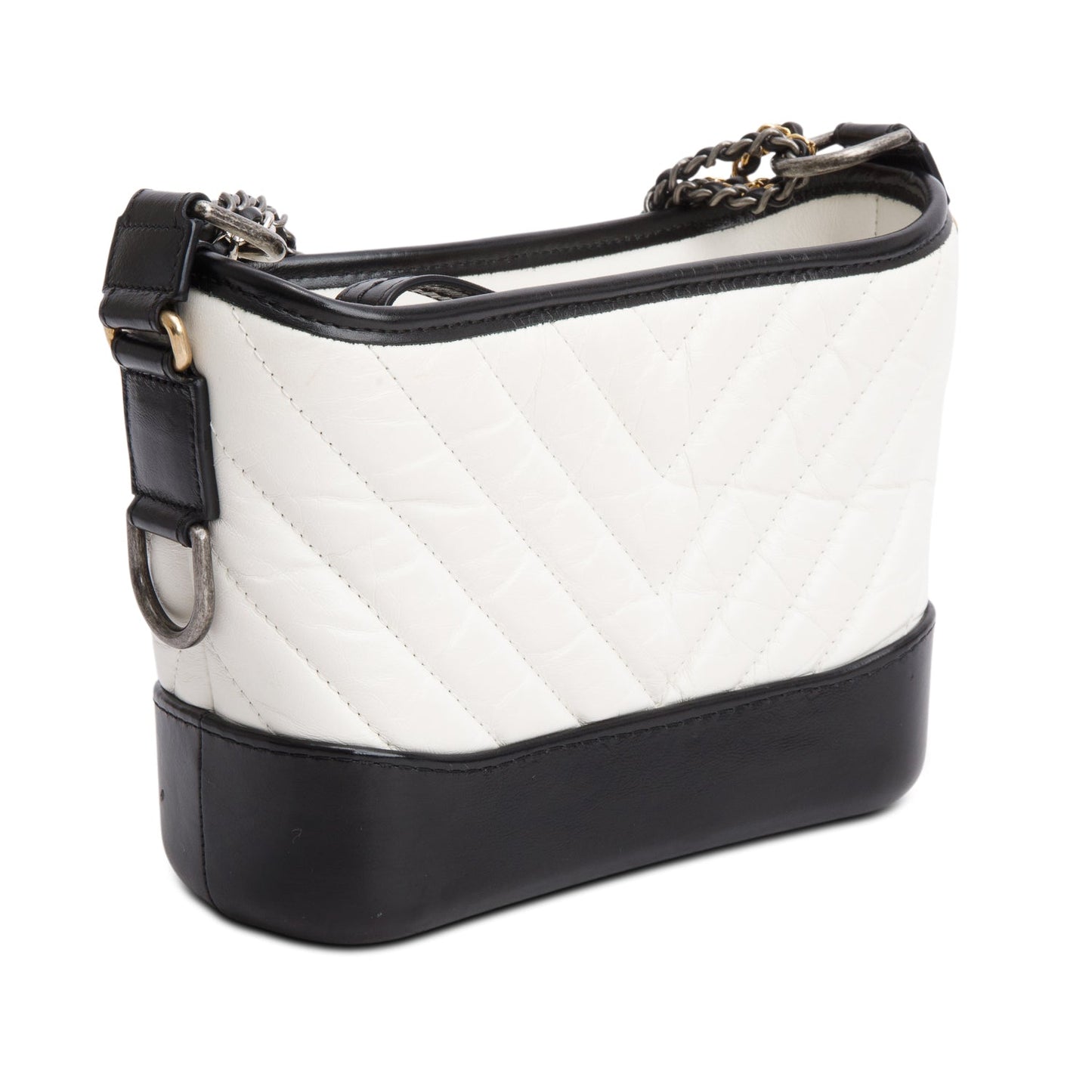Chanel Black & White Aged Calfskin Leather Chevron Quilted Small Gabrielle Hobo