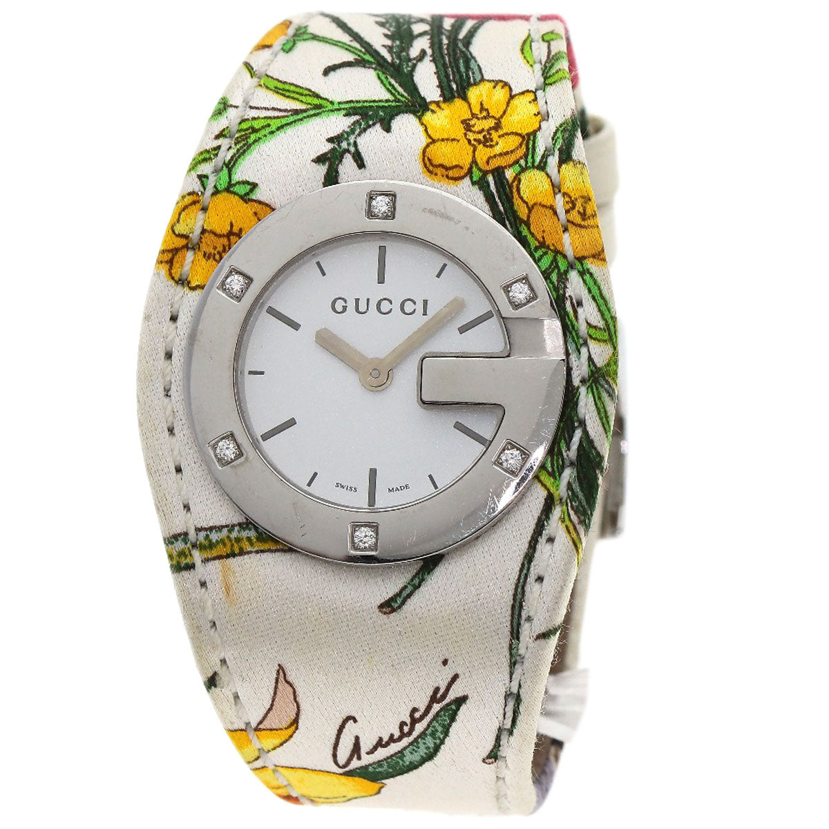 GUCCI Watches Quartz YA104 Stainless Steel, Satin x Leather Silver Bandeau Flora Silver dial Women