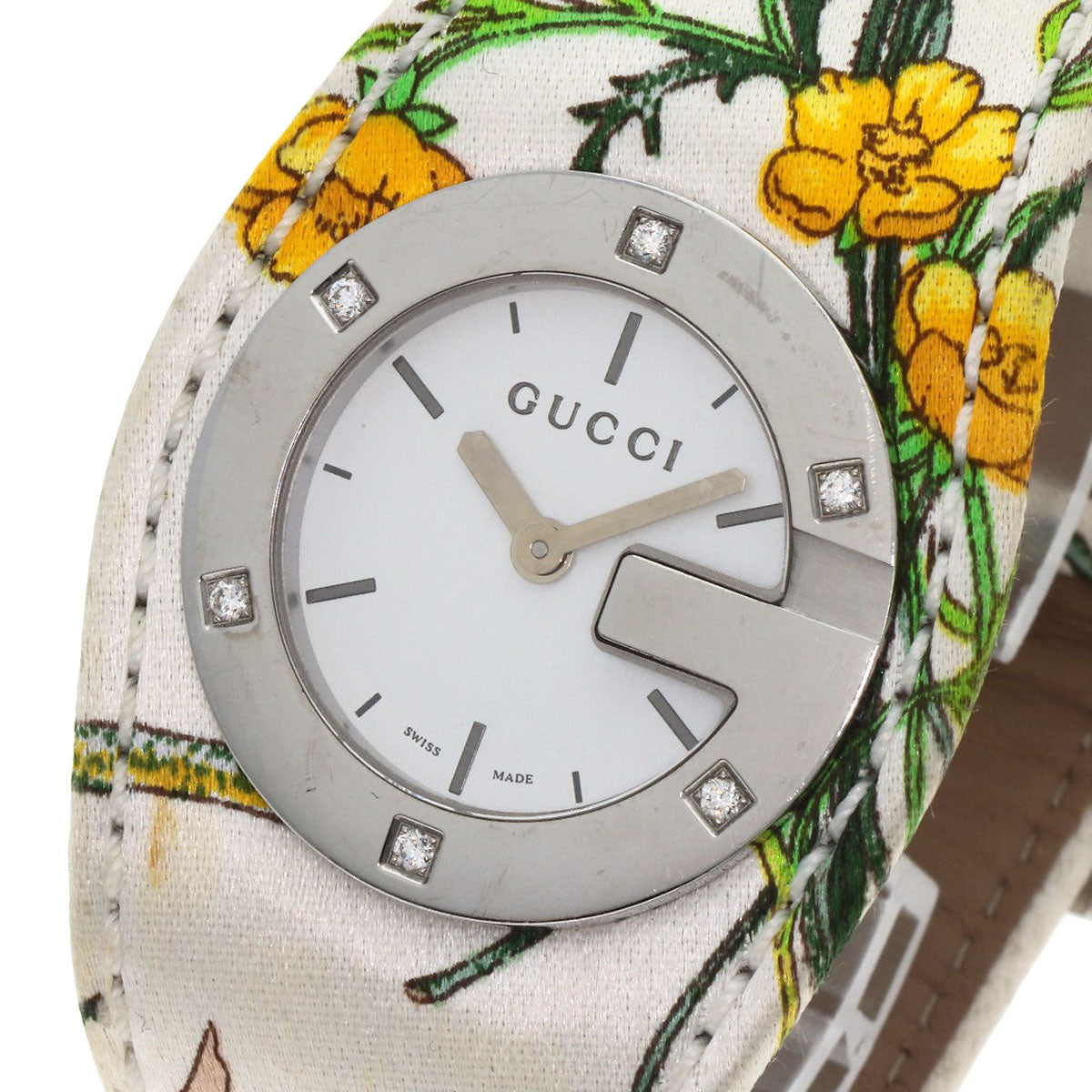 GUCCI Watches Quartz YA104 Stainless Steel, Satin x Leather Silver Bandeau Flora Silver dial Women