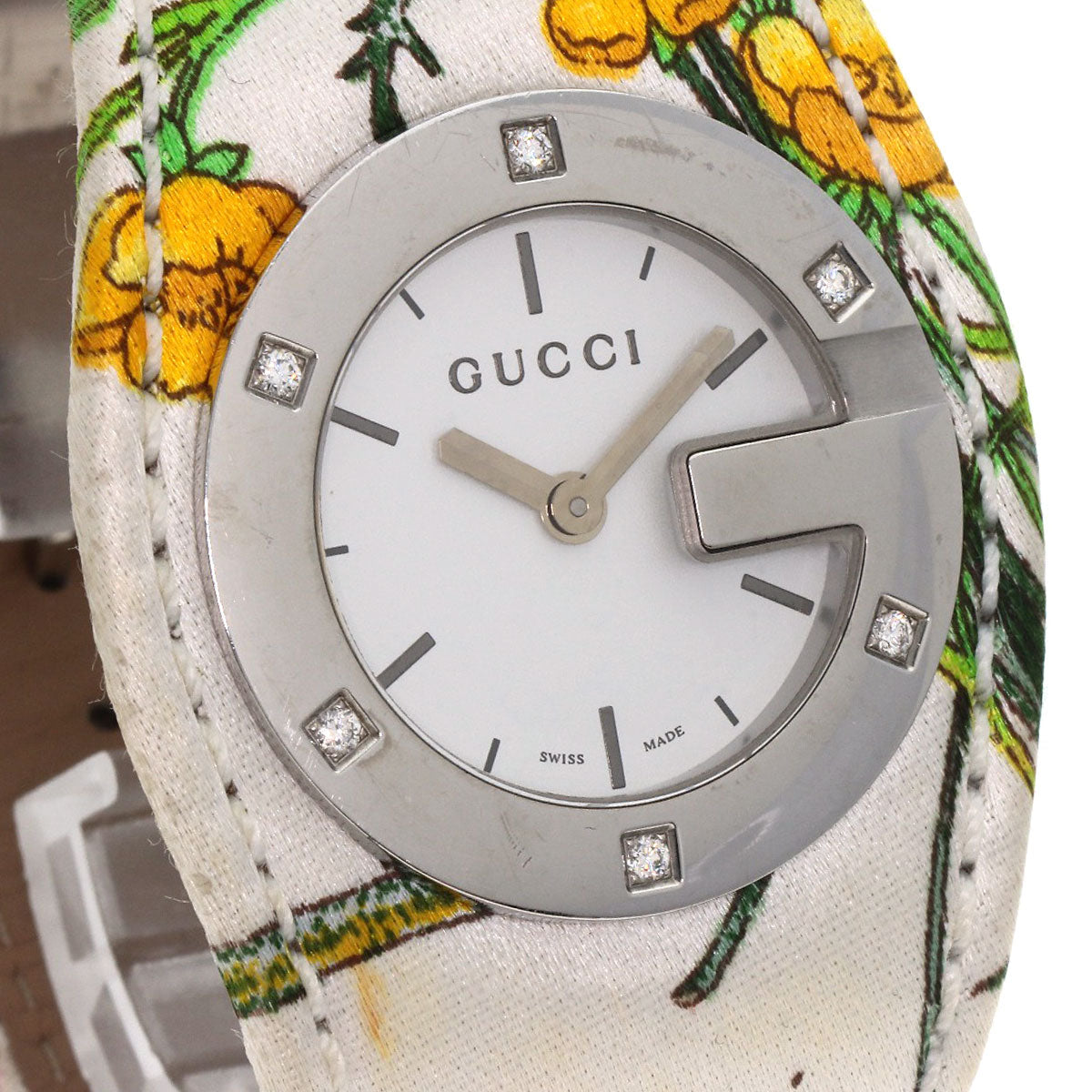 GUCCI Watches Quartz YA104 Stainless Steel, Satin x Leather Silver Bandeau Flora Silver dial Women
