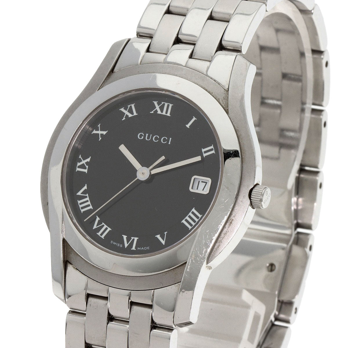 GUCCI Watches Quartz 5500M Stainless Steel , Stainless Steel Silver Round face black dial mens