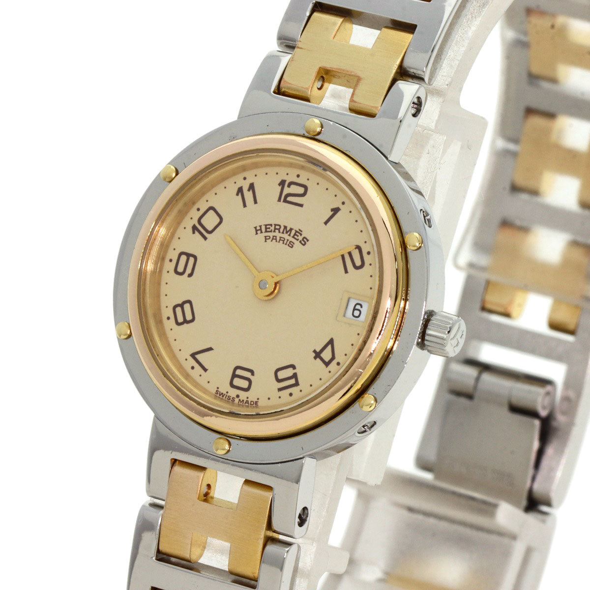 HERMES Watches Quartz Stainless Steel , SSxGP gold clipper old buckle Ivory dial Women