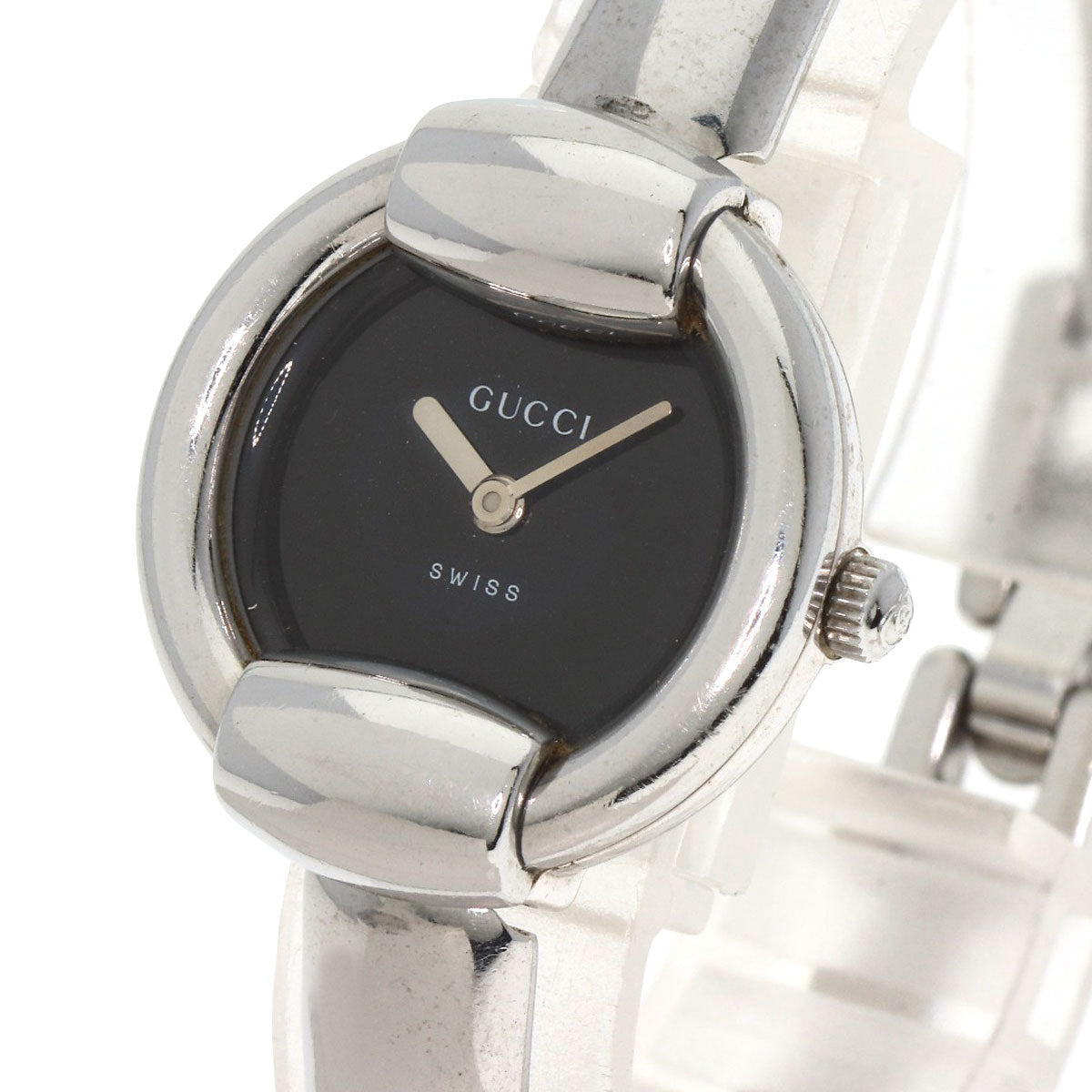 GUCCI Watches Quartz 1400L Stainless Steel , Stainless Steel Silver round face bangle black dial Women