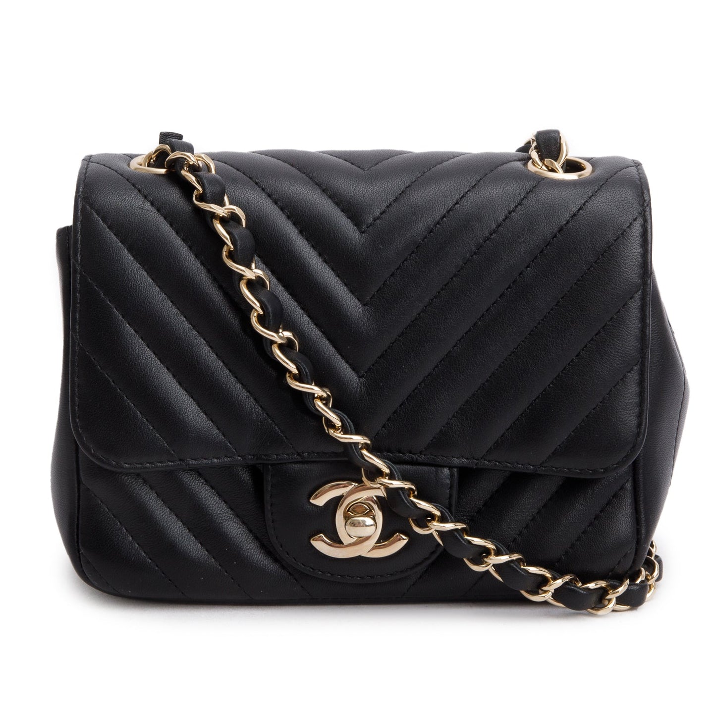 Chanel Black Lambskin Chevron Quilted Mini Square Flap Bag
