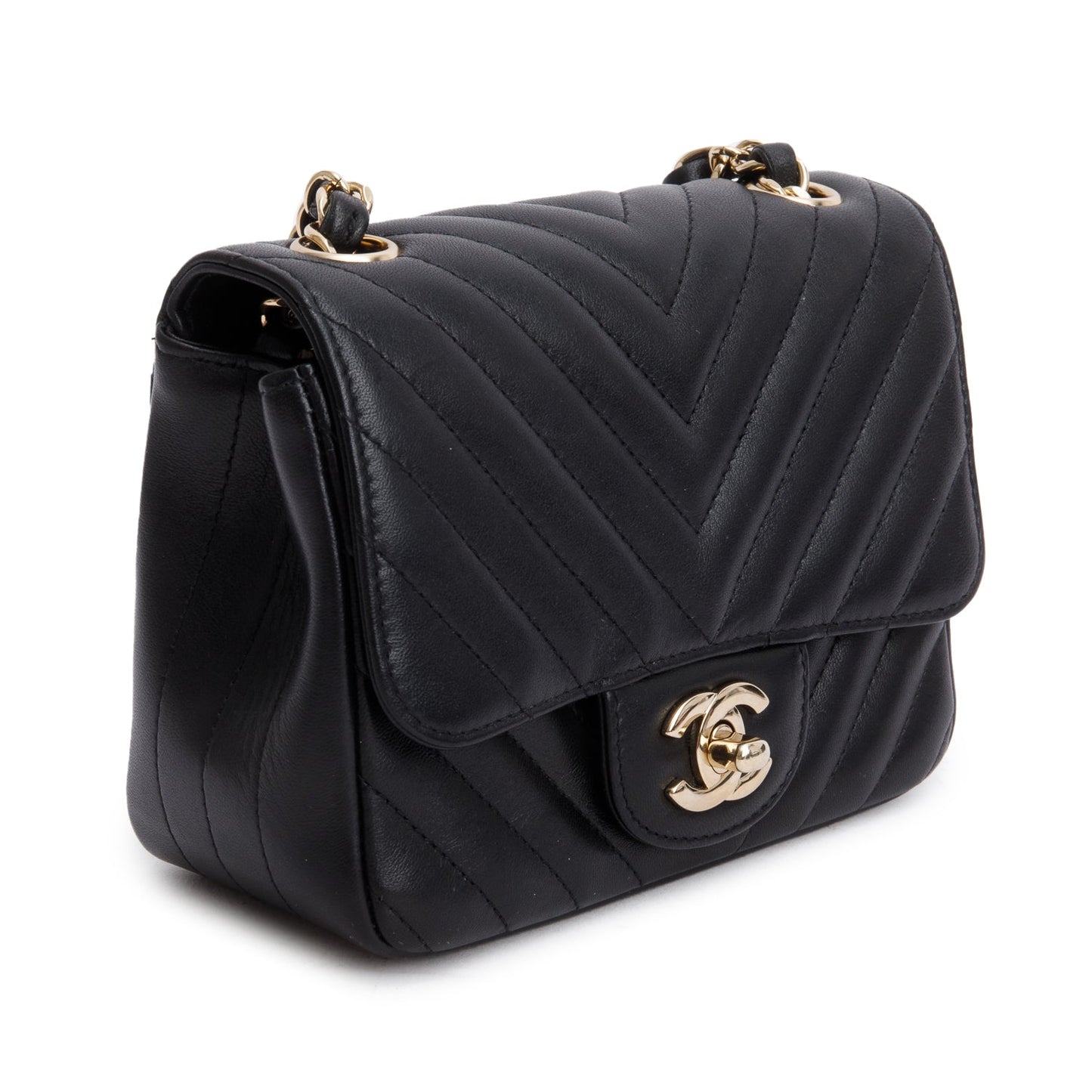 Chanel Black Lambskin Chevron Quilted Mini Square Flap Bag