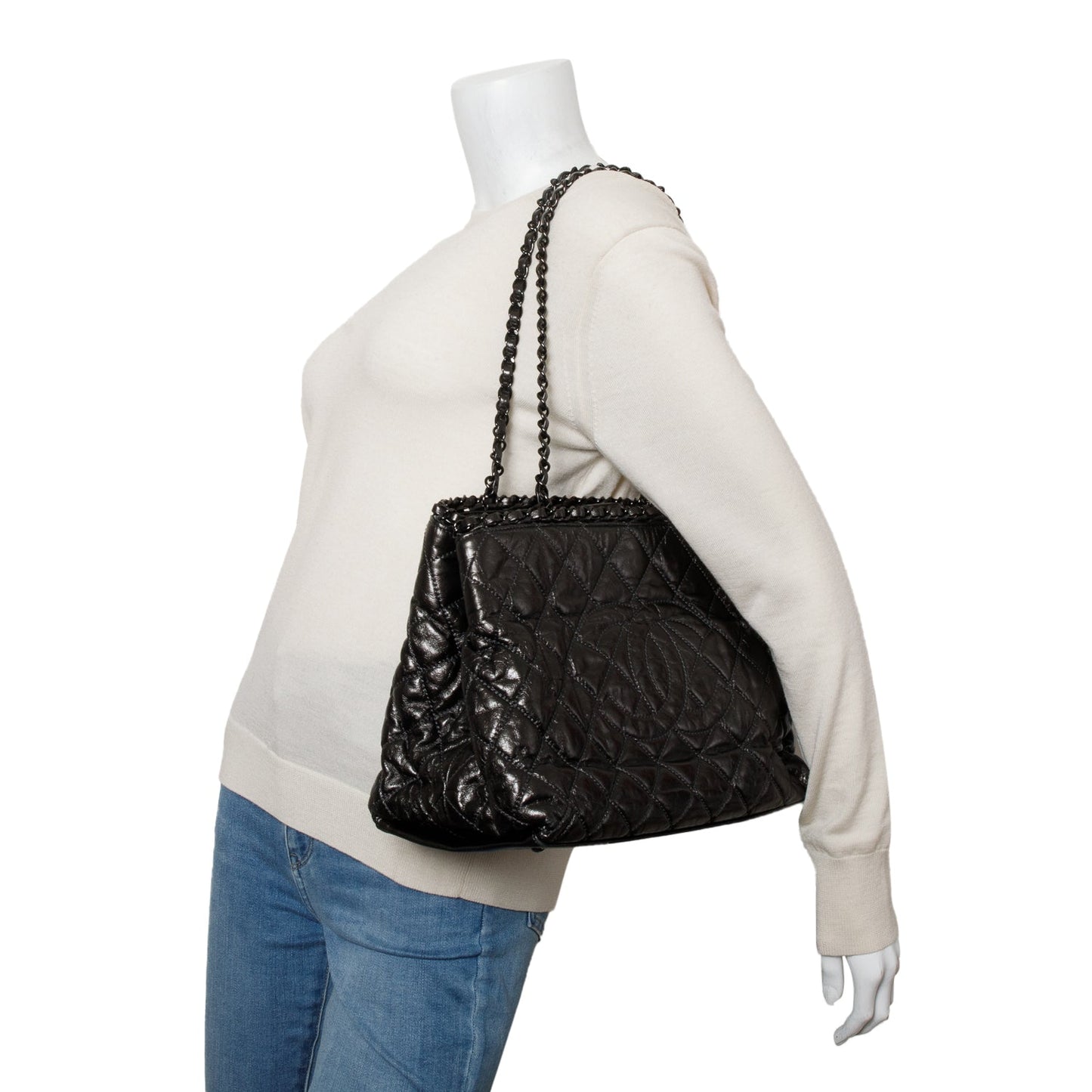 Chanel Metallic Grey Aged Calfskin Quilted Small Chain Tote