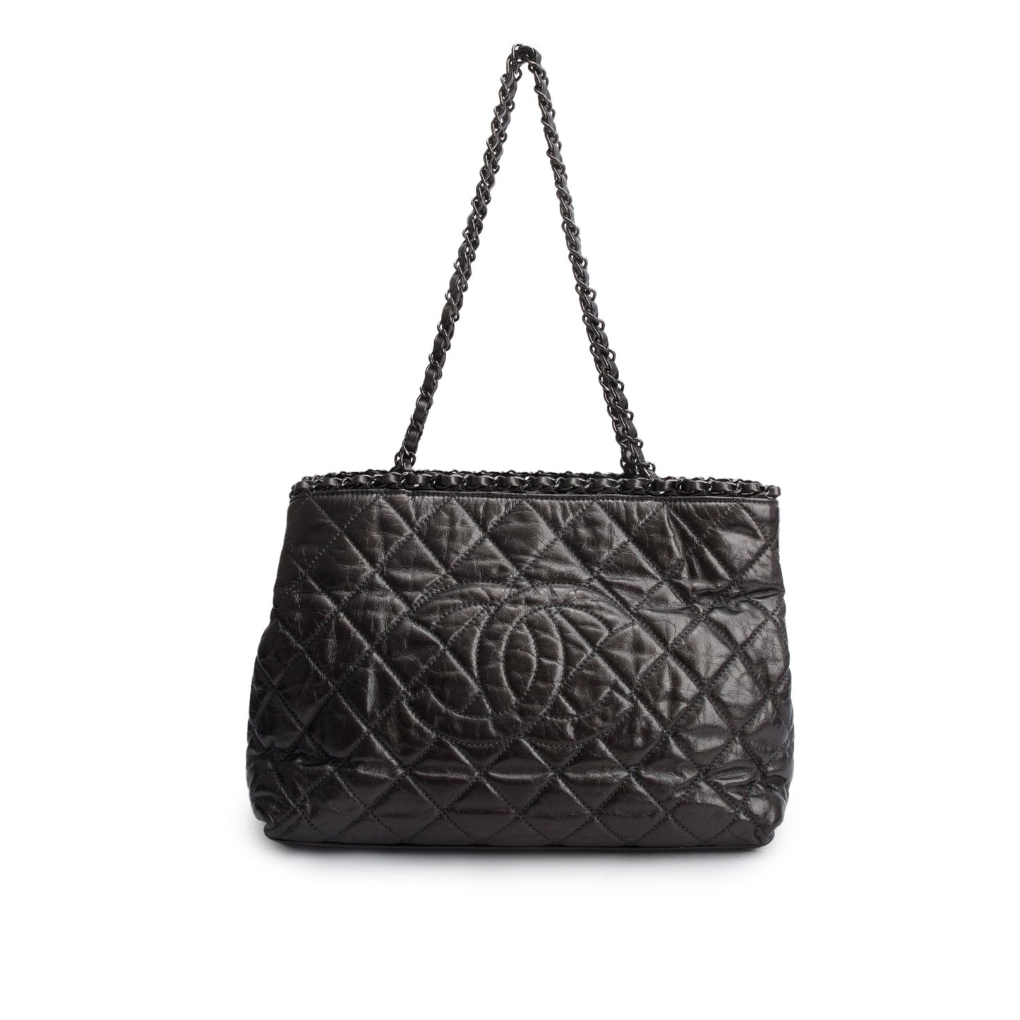 Chanel Metallic Grey Aged Calfskin Quilted Small Chain Tote