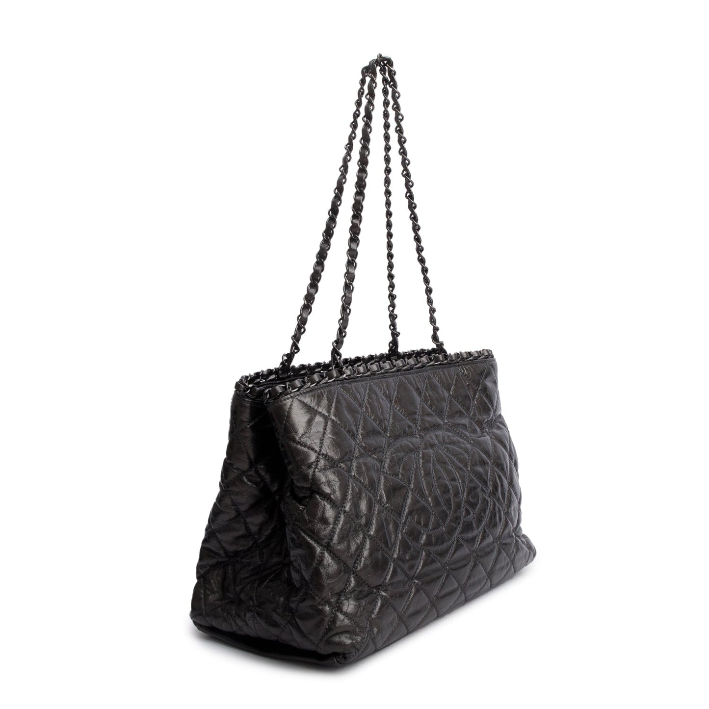 Chanel Metallic Grey Aged Calfskin Quilted Small Chain Tote