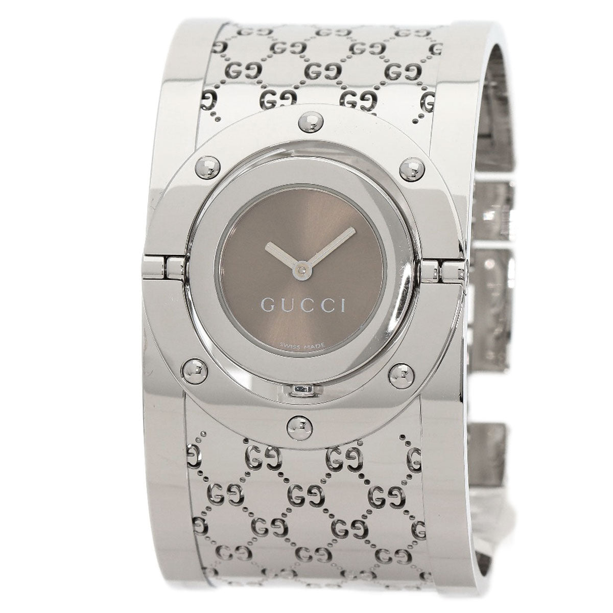 GUCCI Watches Quartz YA112 Stainless Steel , Stainless Steel Silver Twirl Wide Bangle Brown dial Women