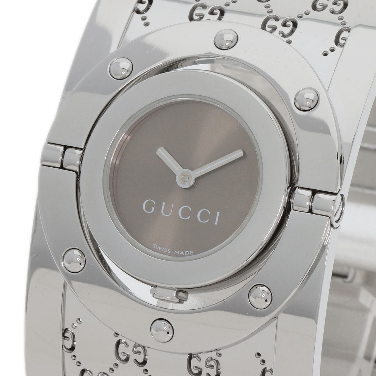 GUCCI Watches Quartz YA112 Stainless Steel , Stainless Steel Silver Twirl Wide Bangle Brown dial Women