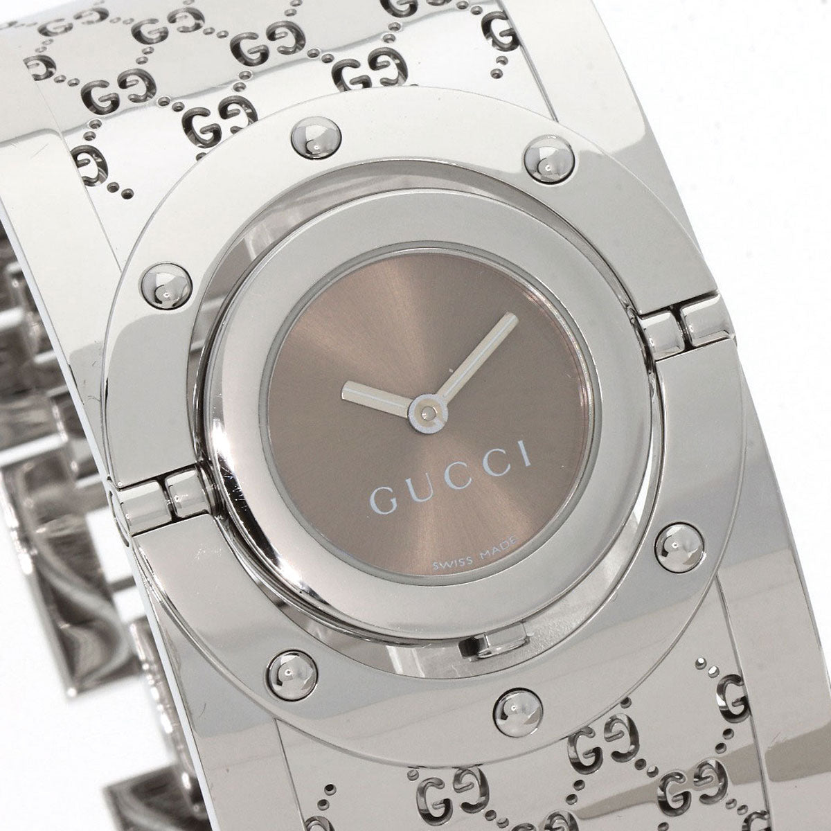 GUCCI Watches Quartz YA112 Stainless Steel , Stainless Steel Silver Twirl Wide Bangle Brown dial Women