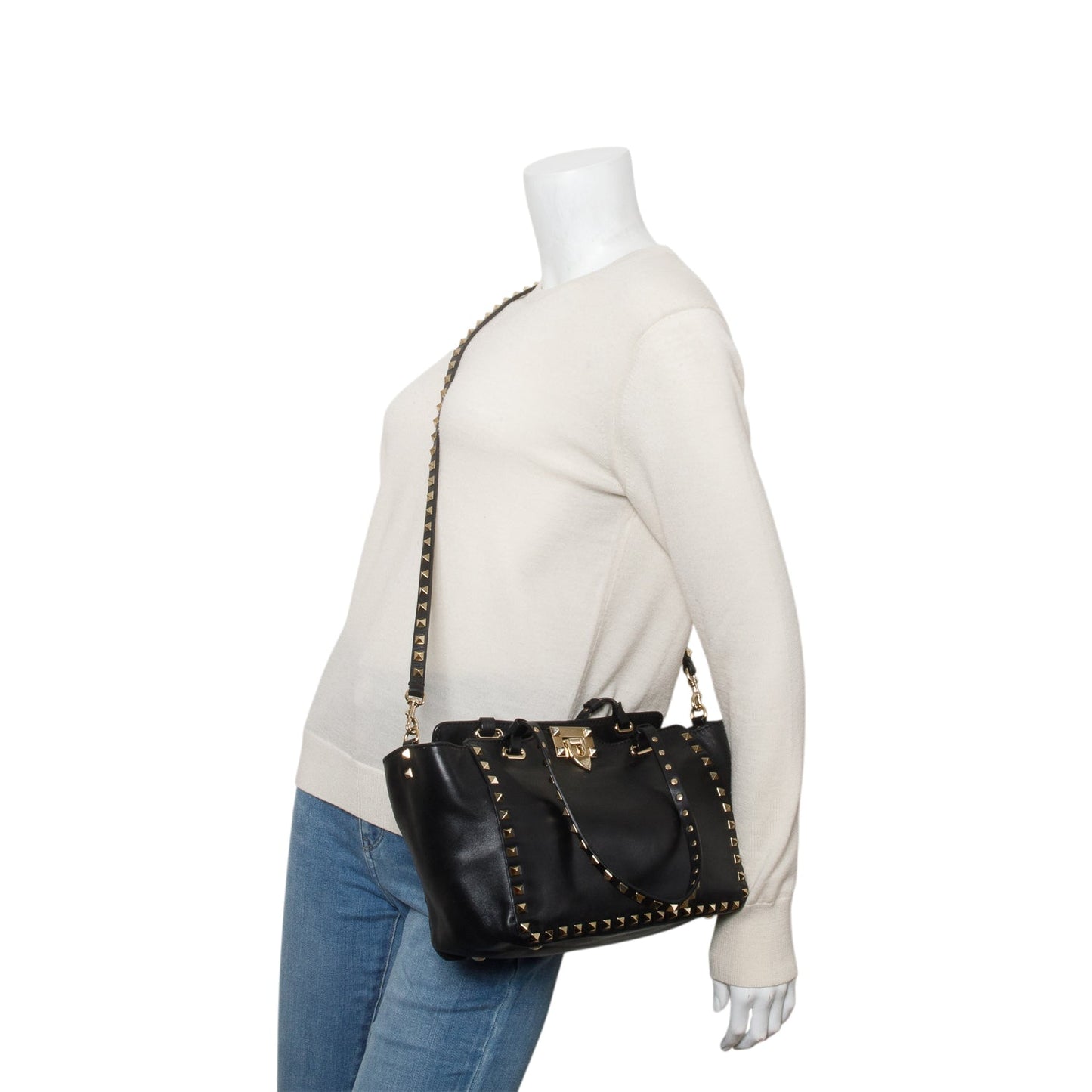 Valentino Black Calfskin Leather Small Rockstud Tote Bag