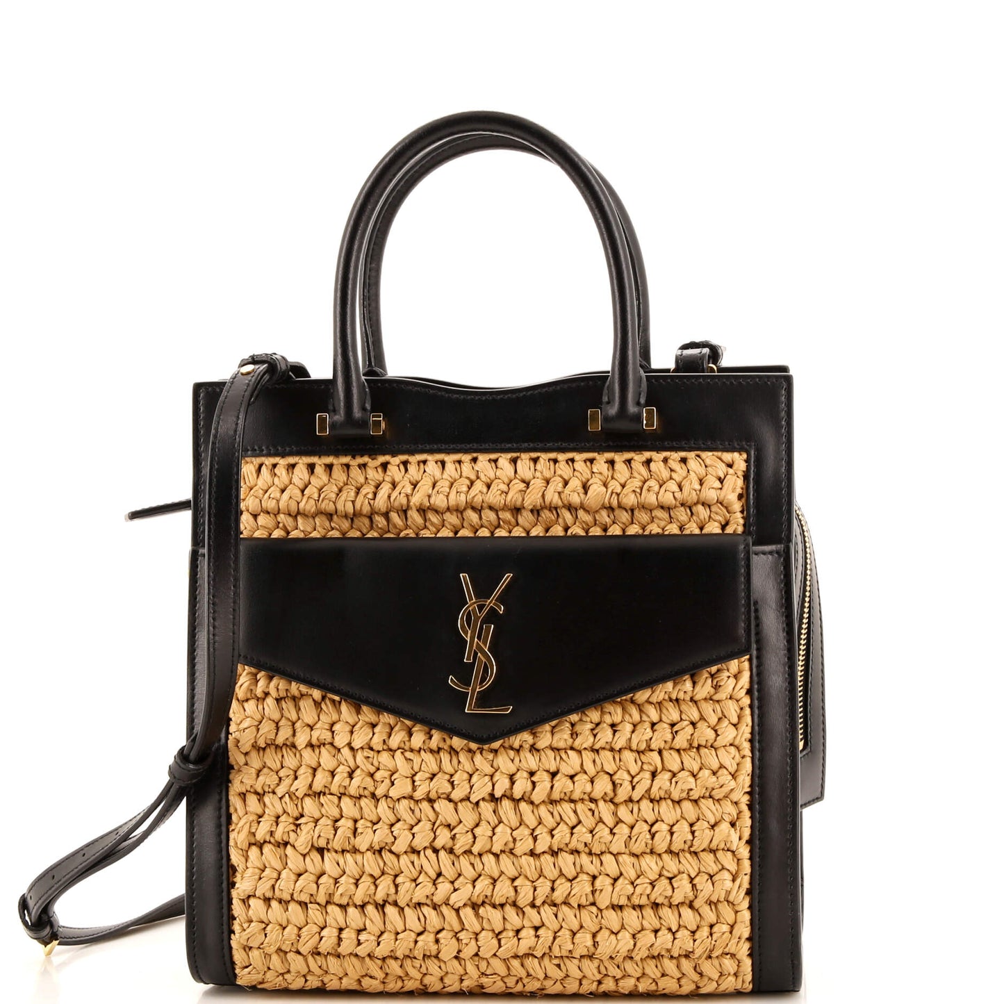 Luxury Saint Laurent Trending 2025 Uptown Tote Raffia with Leather Small