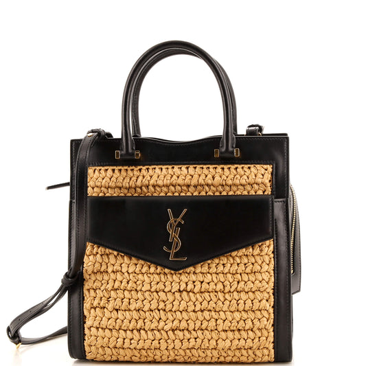 Luxury Saint Laurent Trending 2025 Uptown Tote Raffia with Leather Small