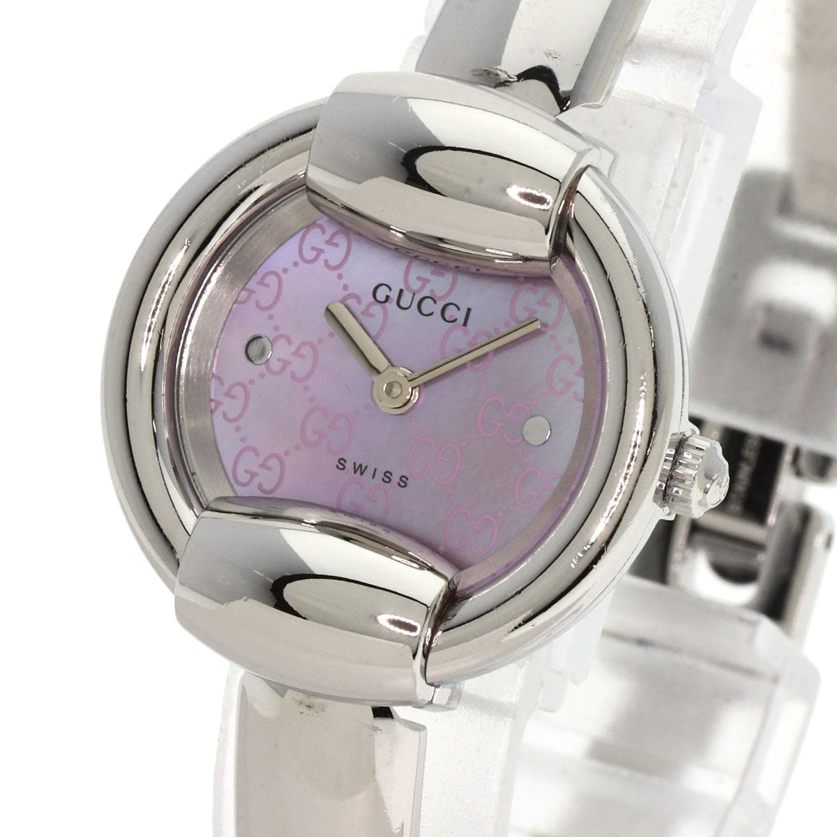 GUCCI Watches Quartz 1400L Stainless Steel , Stainless Steel Silver Round Face GG Pink Shell Bangle Pink shell dial Women