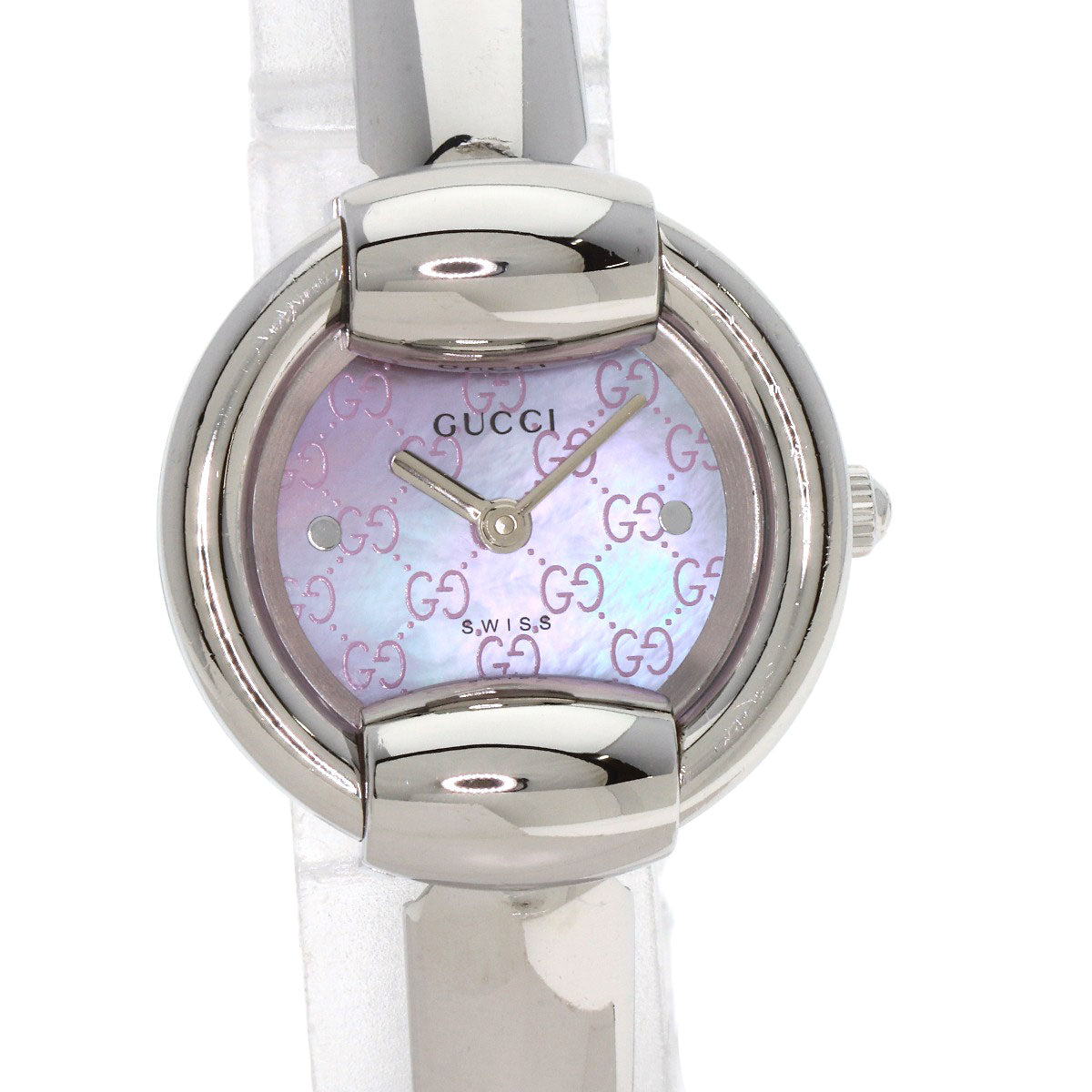 GUCCI Watches Quartz 1400L Stainless Steel , Stainless Steel Silver Round Face GG Pink Shell Bangle Pink shell dial Women