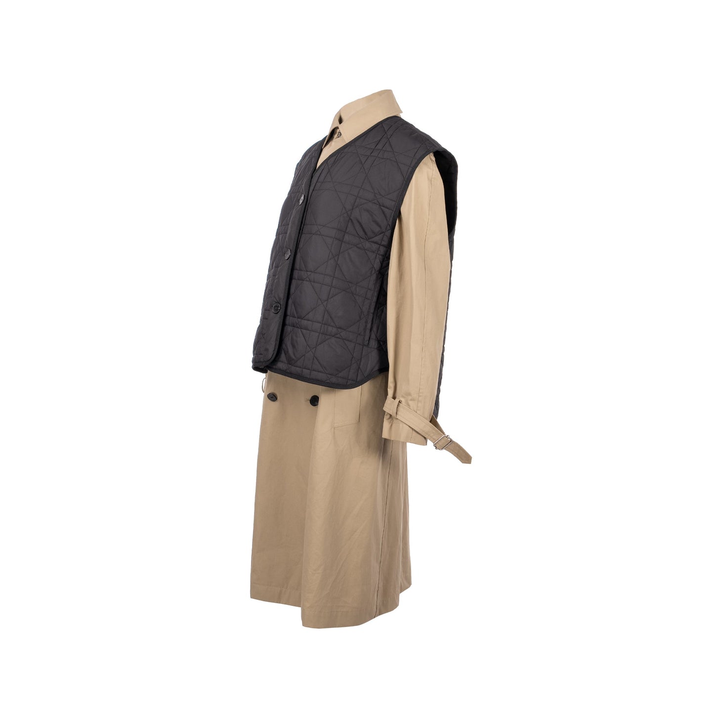 Size 36 Trench Coat With Macrocannage Quilted Vest Cotton/Polyester Beige/Black