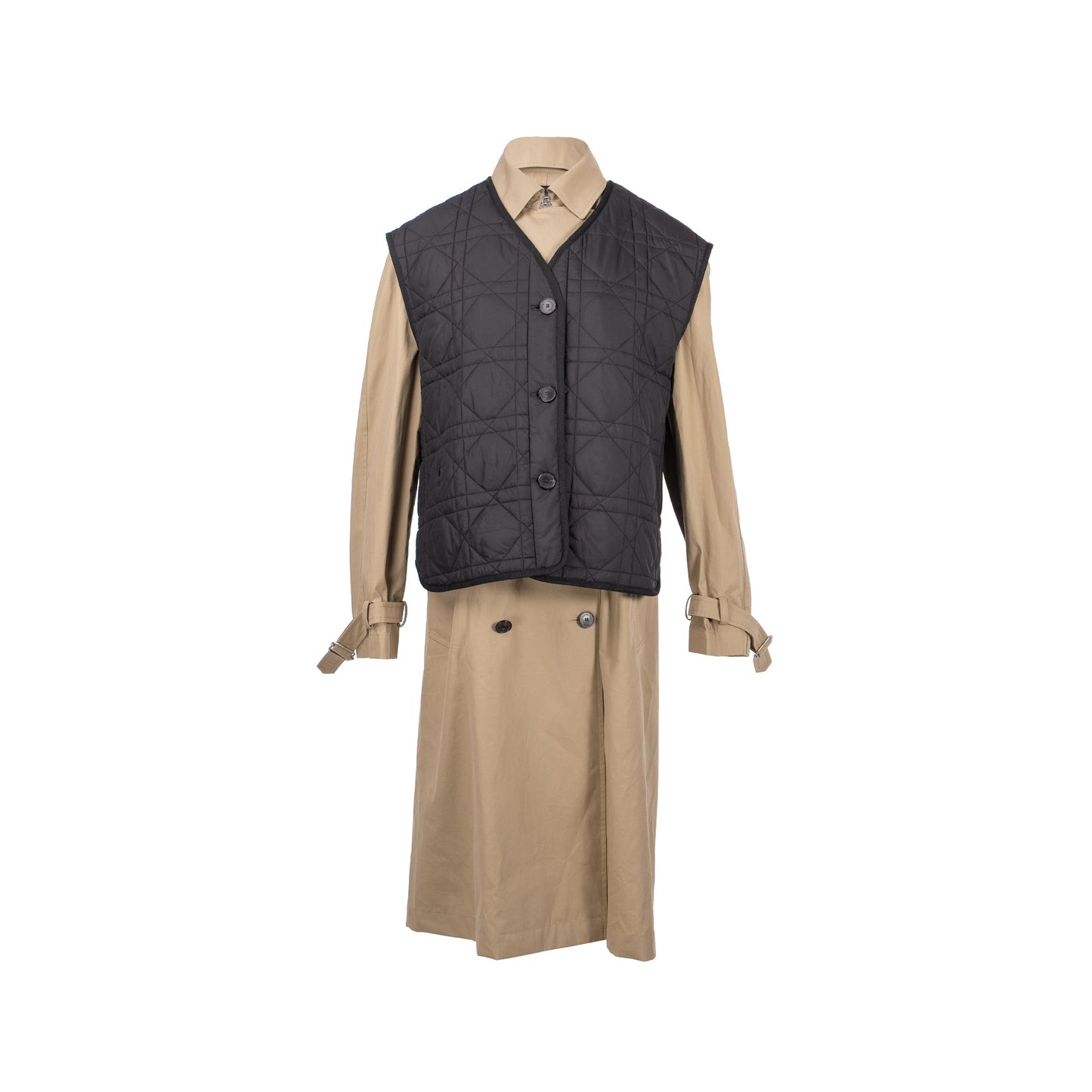 Size 36 Trench Coat With Macrocannage Quilted Vest Cotton/Polyester Beige/Black