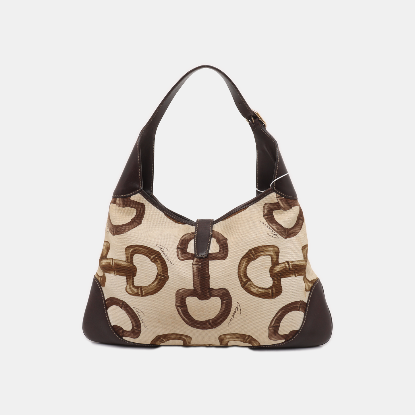 Gucci Jackie Vintage Medium Horsebit Print Cloth and Brown Leather Gold Hardware