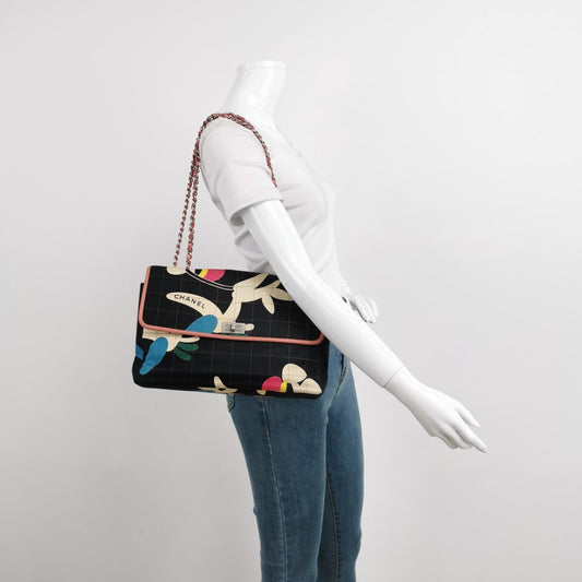 Chanel 2.55 Flap Bag Vintage Chocolate Bar Multipocket 2000 Large Black Fabric with Bird Print