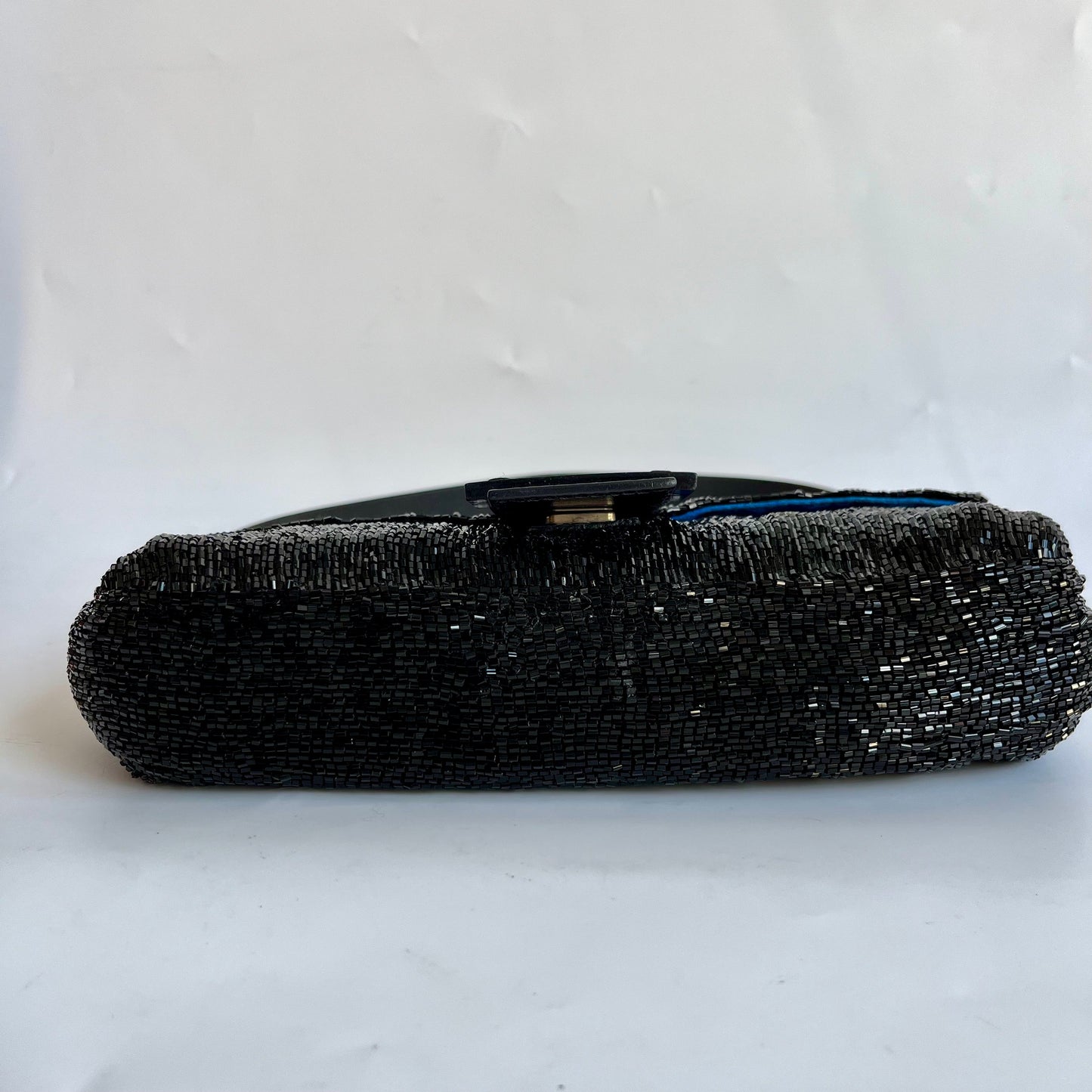 Fendi Baguette Vintage Black Glitter Beads Shoulder Bag Blue Silk Interior