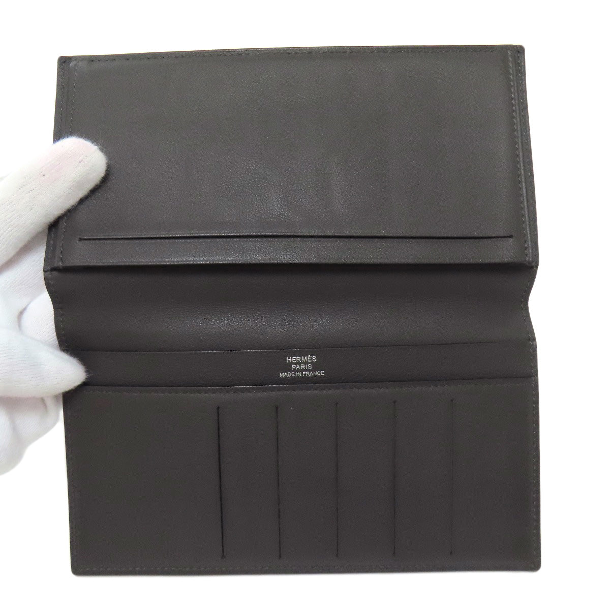 HERMES Long Wallet Purse Calfskin gray Citizen Twill Long Silk Inn Women