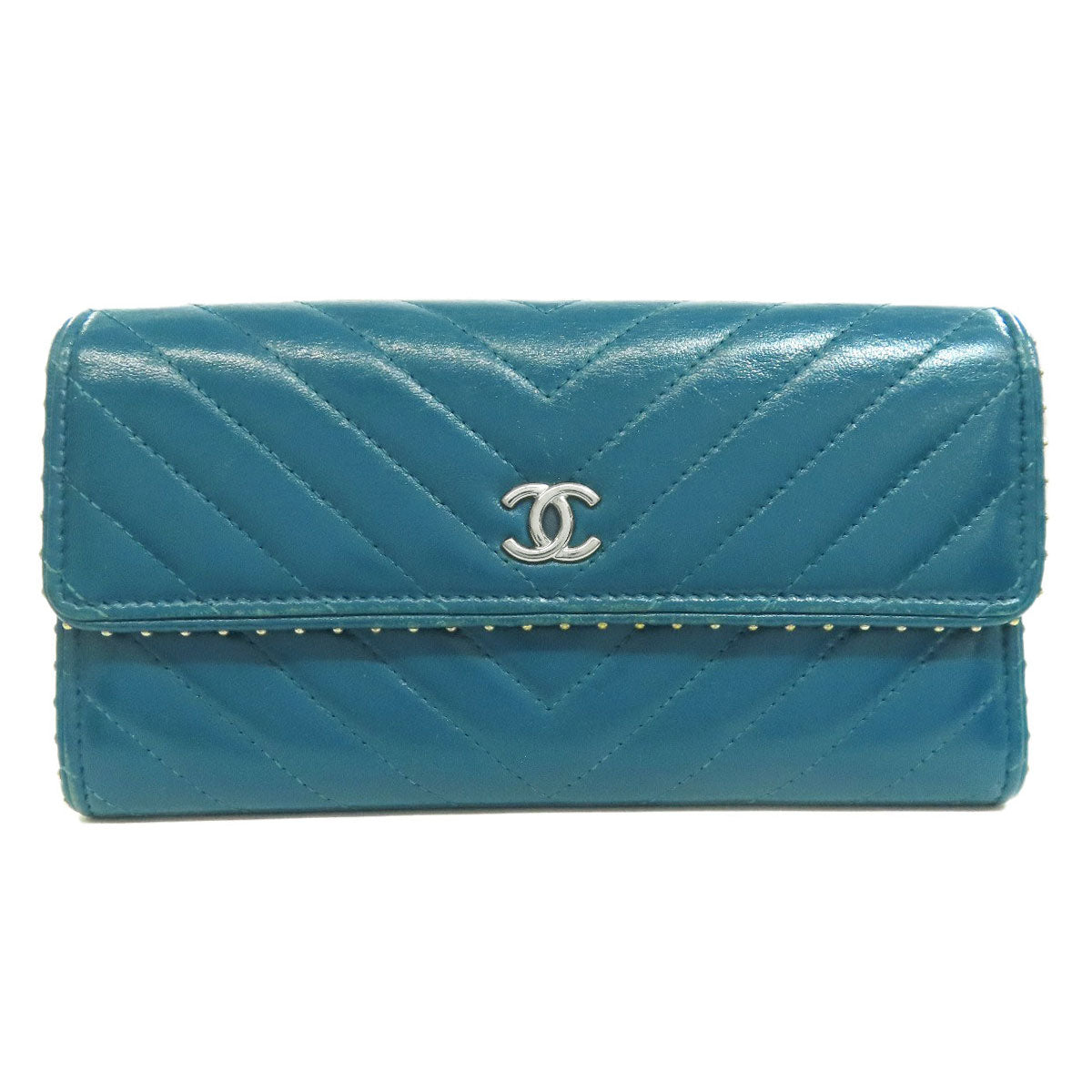 CHANEL Long Wallet Purse Calfskin blue Vstitch COCO Mark SilverMetal
