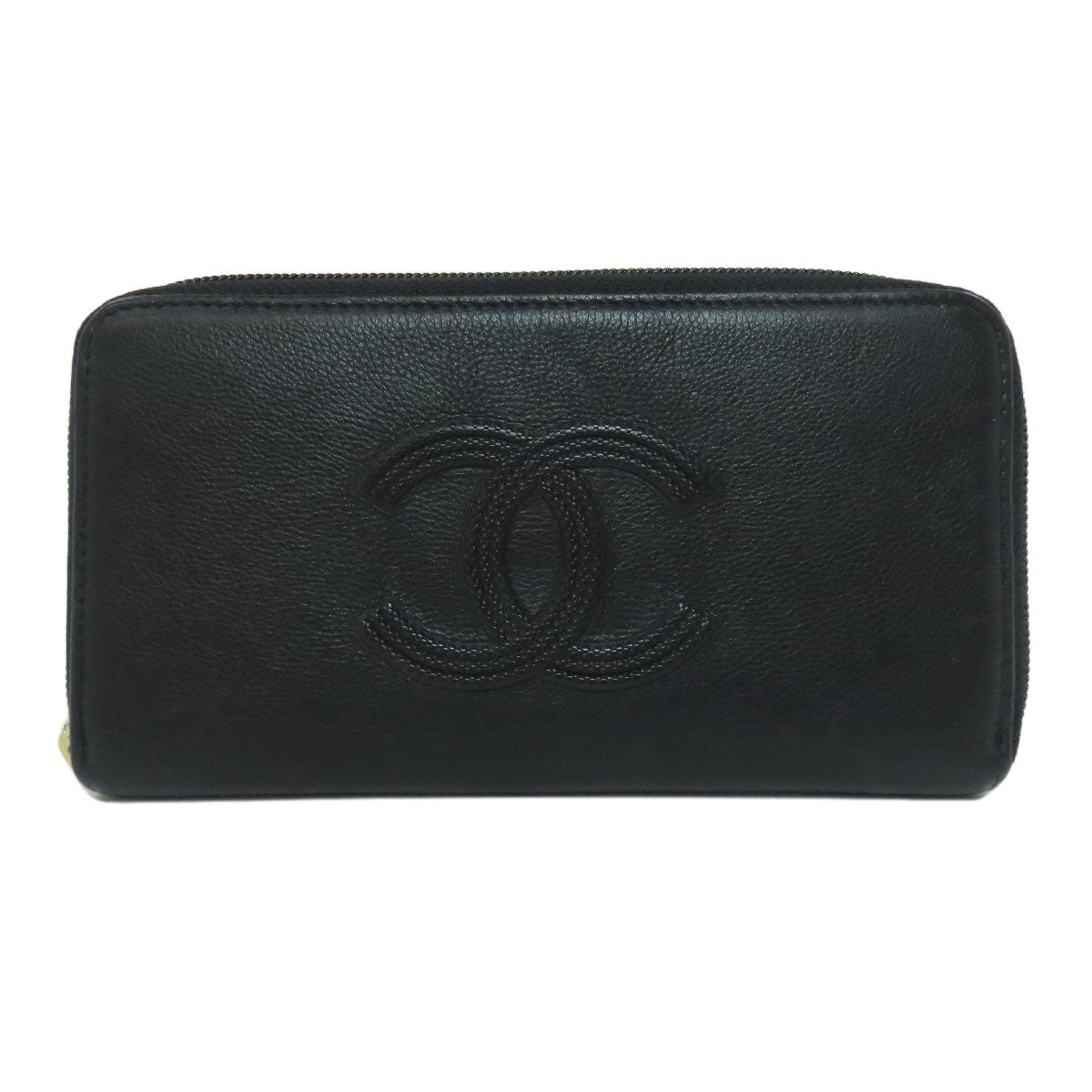 CHANEL Long Wallet Purse Calfskin black Zip Around COCO Mark Gold Metal
