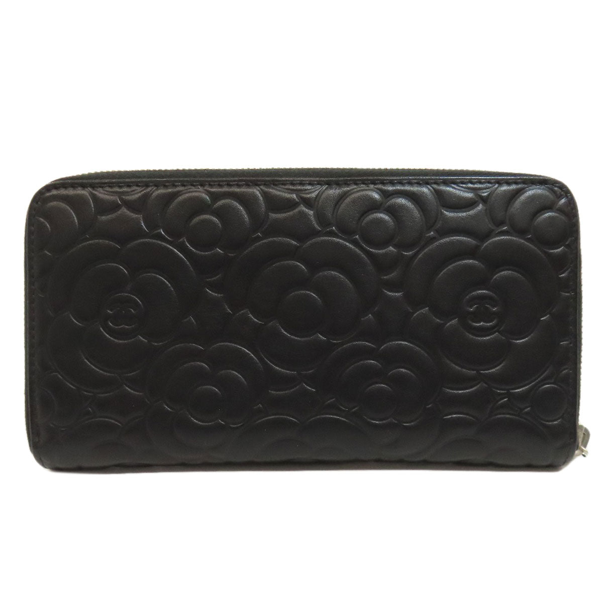 CHANEL Long Wallet Purse Calfskin black Camellia SilverMetal Women