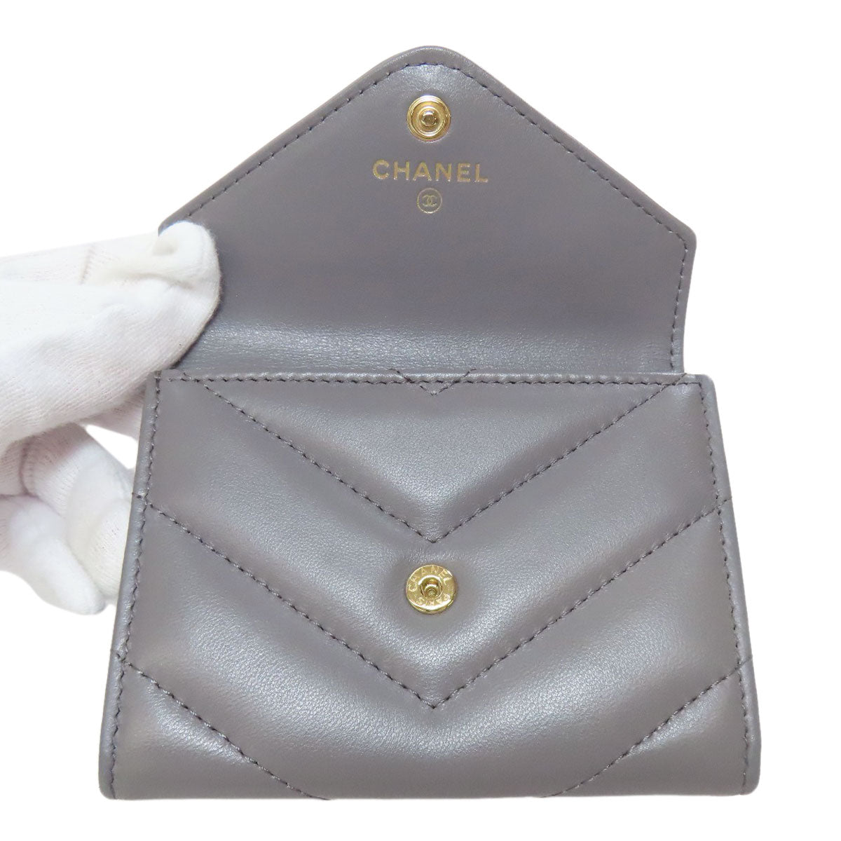 CHANEL Coin case lambskin gray COCO Mark Vstitch Gold Metal Women