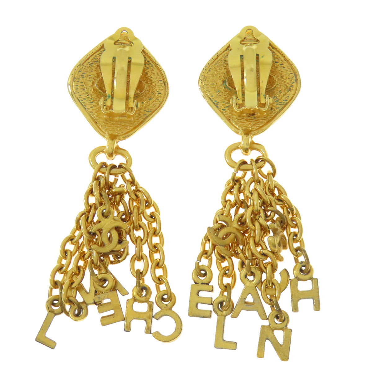 CHANEL Earring metallic gold logo Chain