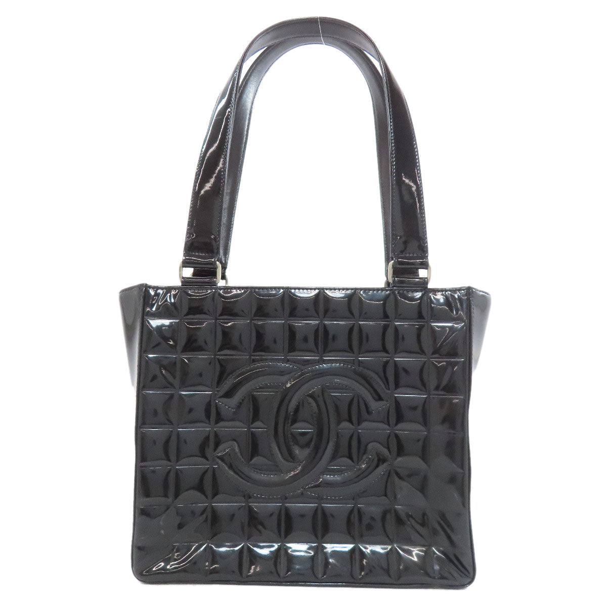 CHANEL Tote Bag enamel black Chocolate bar Silver Metal Women
