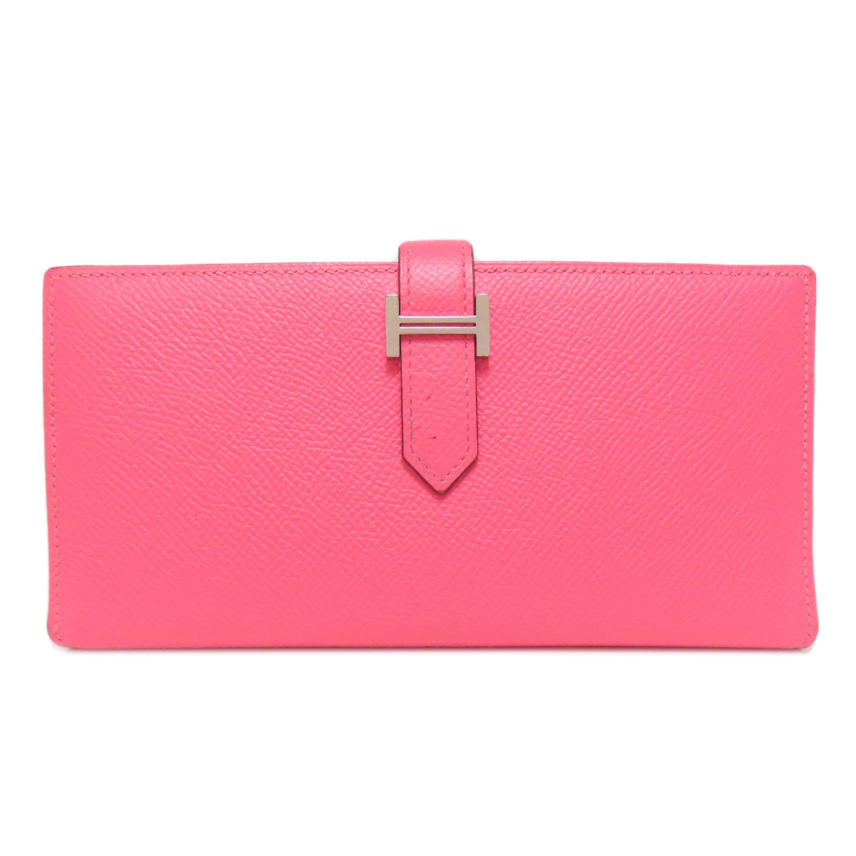 HERMES Long Wallet Purse Epsom pink Bearn Soufflet Rose Lipstick Silver Metal