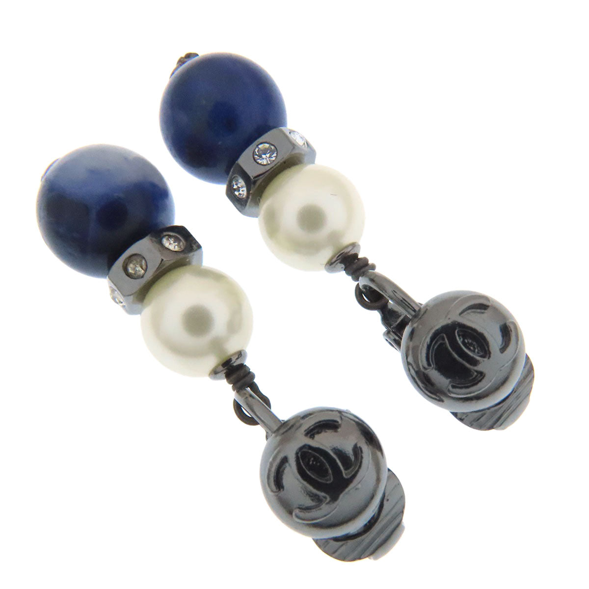 CHANEL Earring metallic blue COCO Mark Pearl Stone