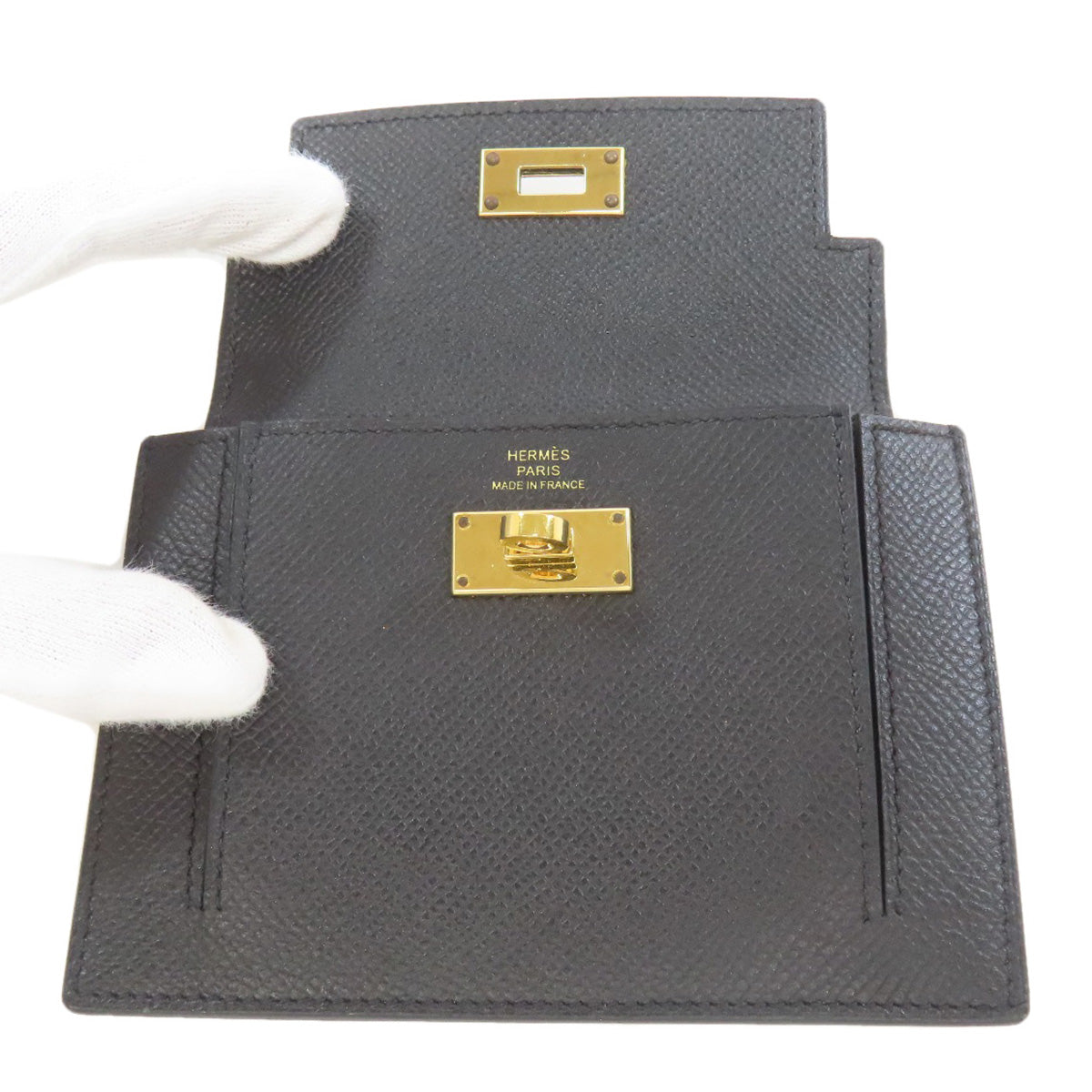 HERMES Coin case Epsom black Kelly Pocket Gold Metal